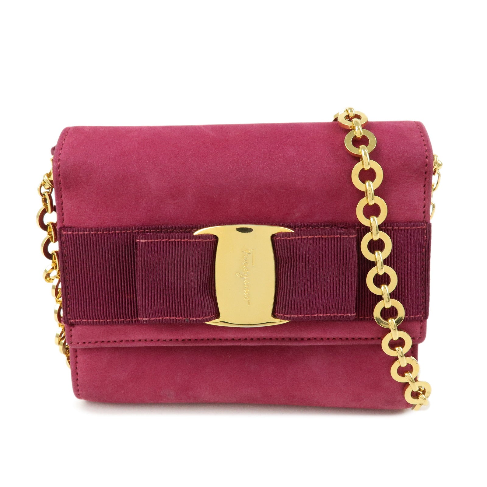 Ferragamo Varra Ribbon Suede 3Way Bag Chain Shoulder Bag Purple