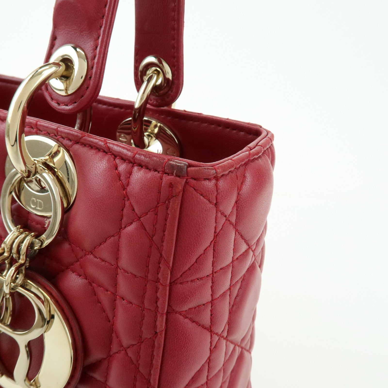 Christian Dior Lady Dior Cannage Lamb Skin Hand Bag Red