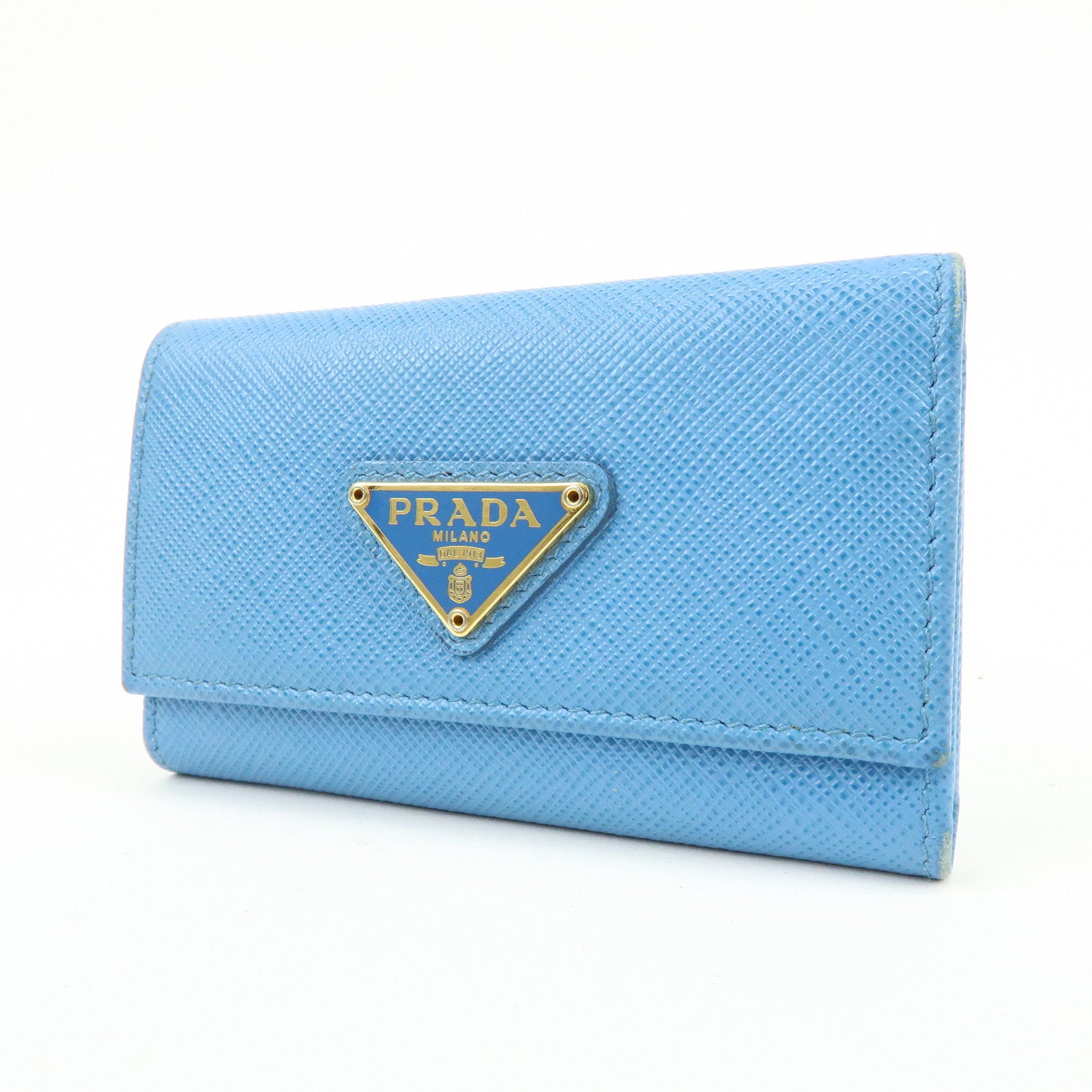 PRADA Triangle Log Saffiano Leather Key Case Key Holder Blue