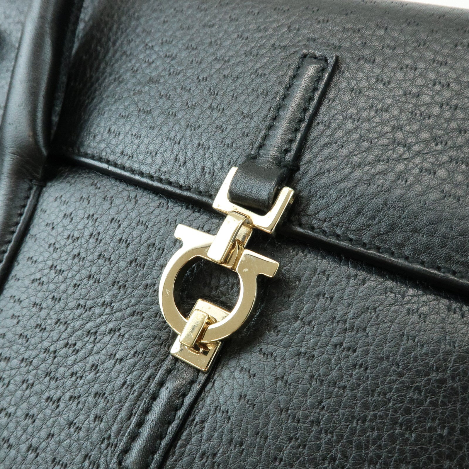 Ferragamo Gancini Leather Hand Bag Shoulder Bag Black