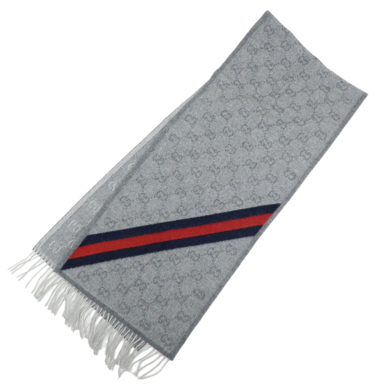 GUCCI Sherry Wool Alpaca Scarf Stole Gray Navy Red