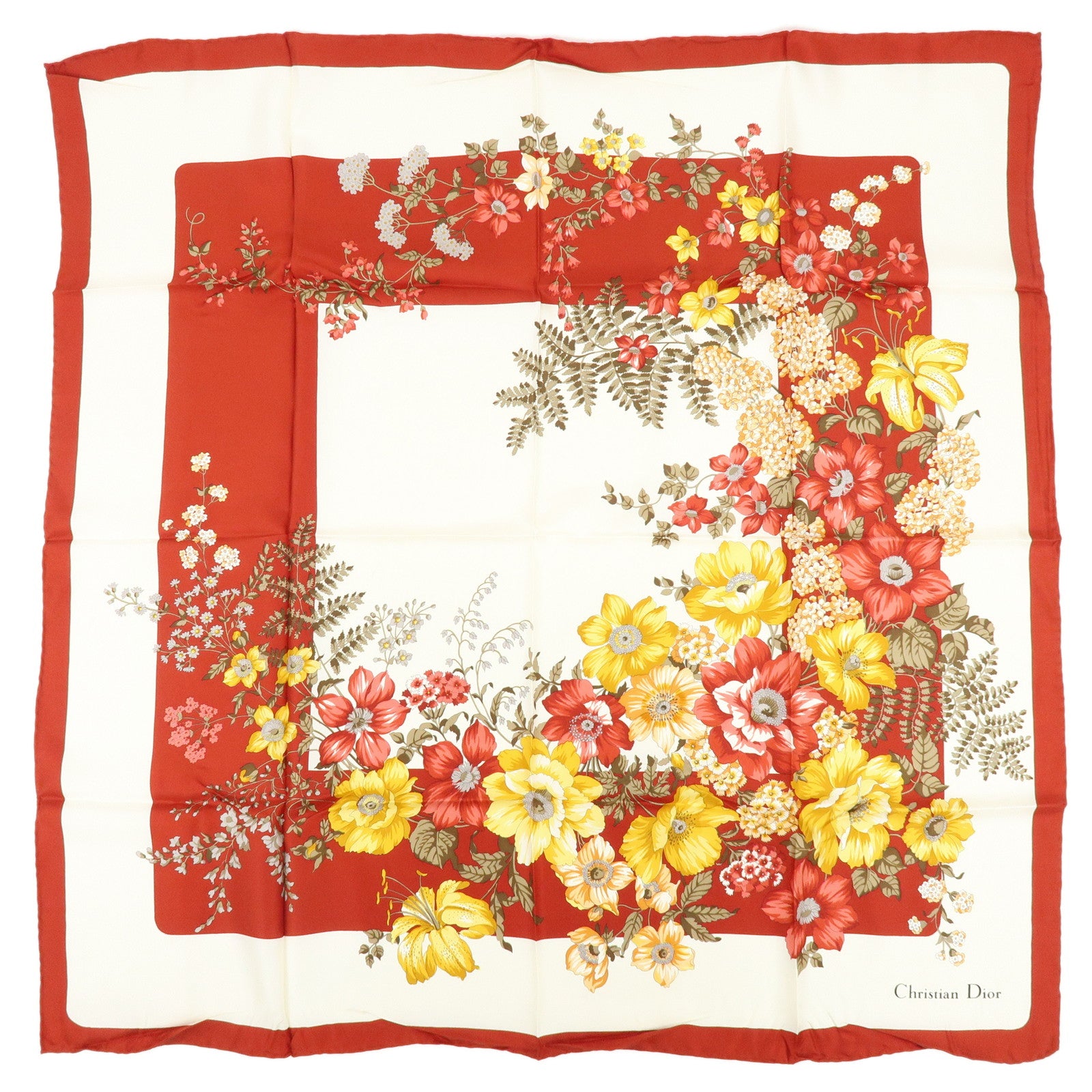 Christian Dior Silk 100％ Scarf Flower Print White Red Yellow