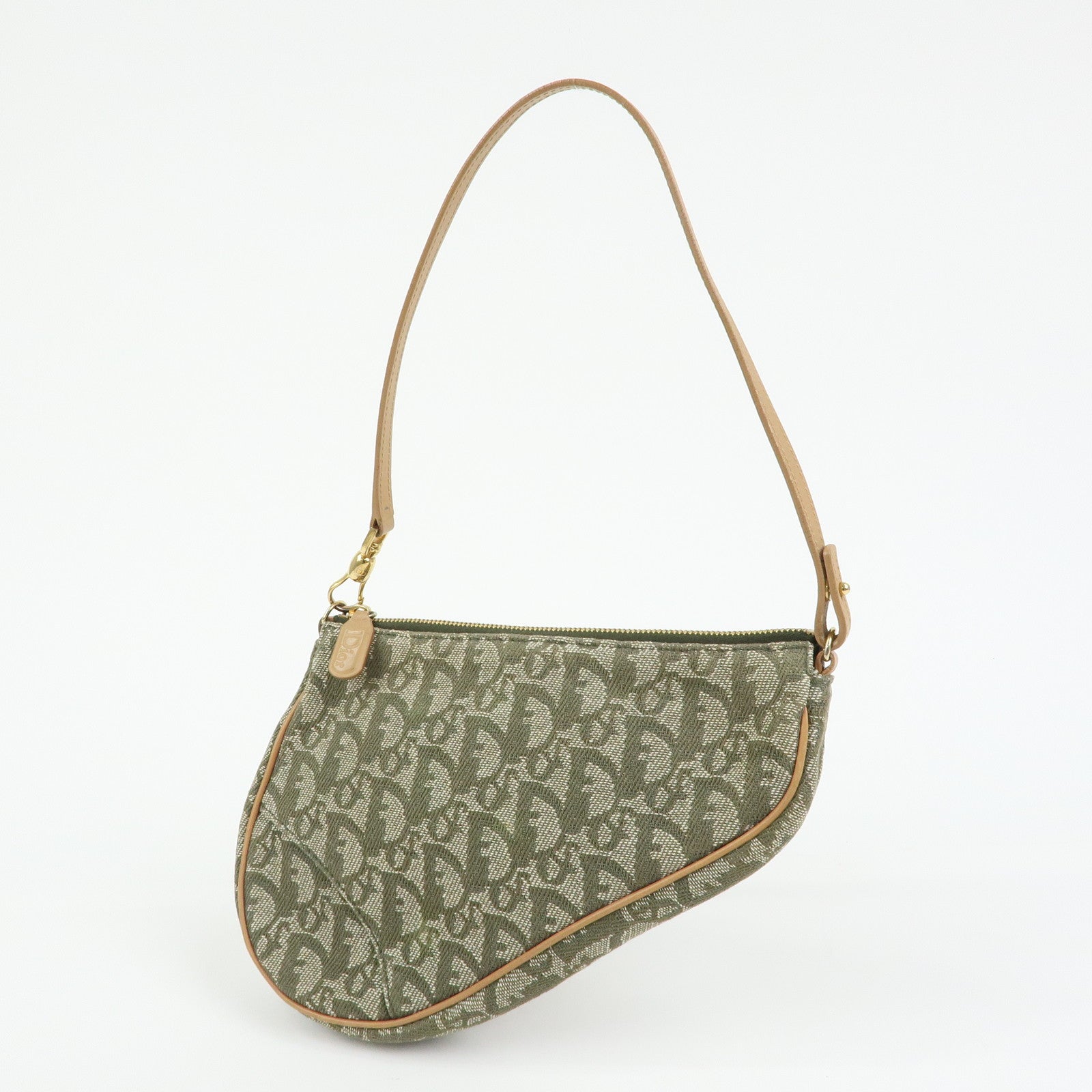 Christian Dior Trotter Saddle Jacquard Canvas Hand Bag Green Beige