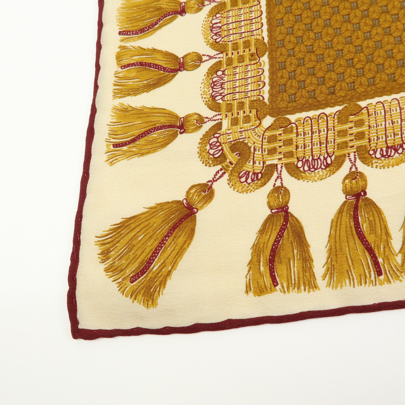 CHANEL Silk 100% Scarf Shawl Tassel Pattern Brown Bordeaux