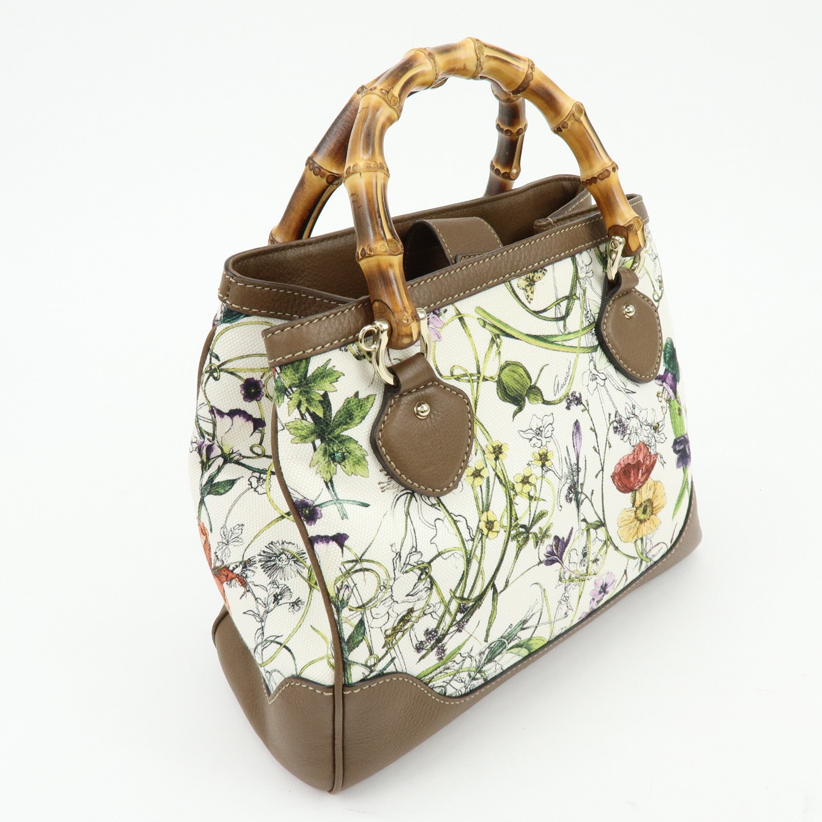 GUCCI Bamboo Canvas Leather 2Way Hand Bag Flower Print Brown 308360