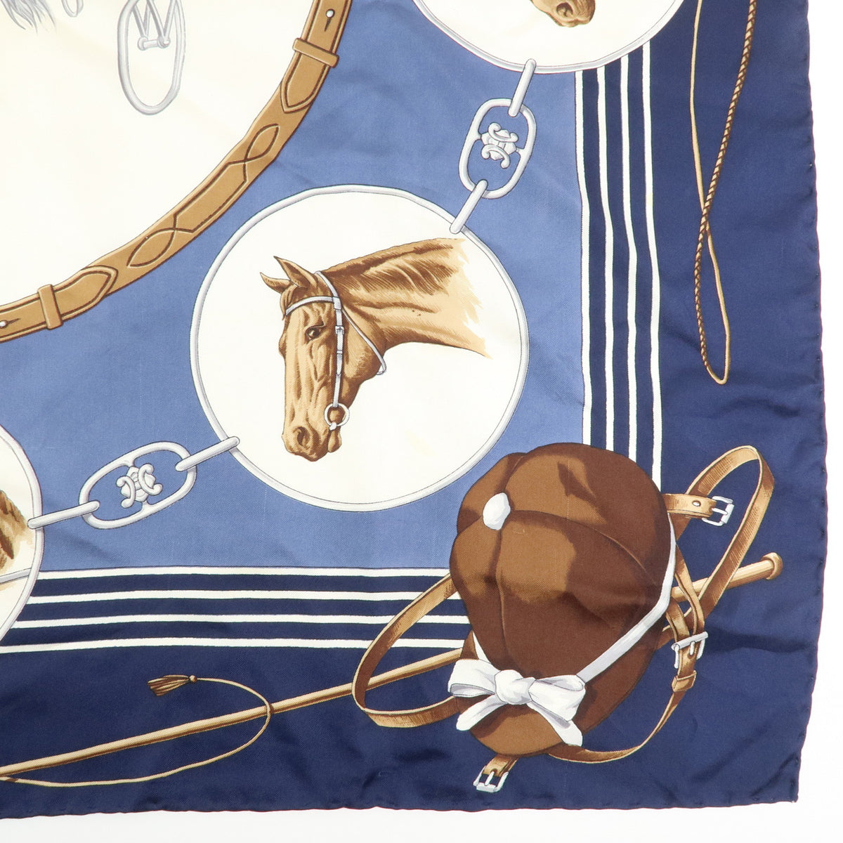 CELINE Lot of 2 Silk 100% Scarf Horse Motif Navy Black Gold White