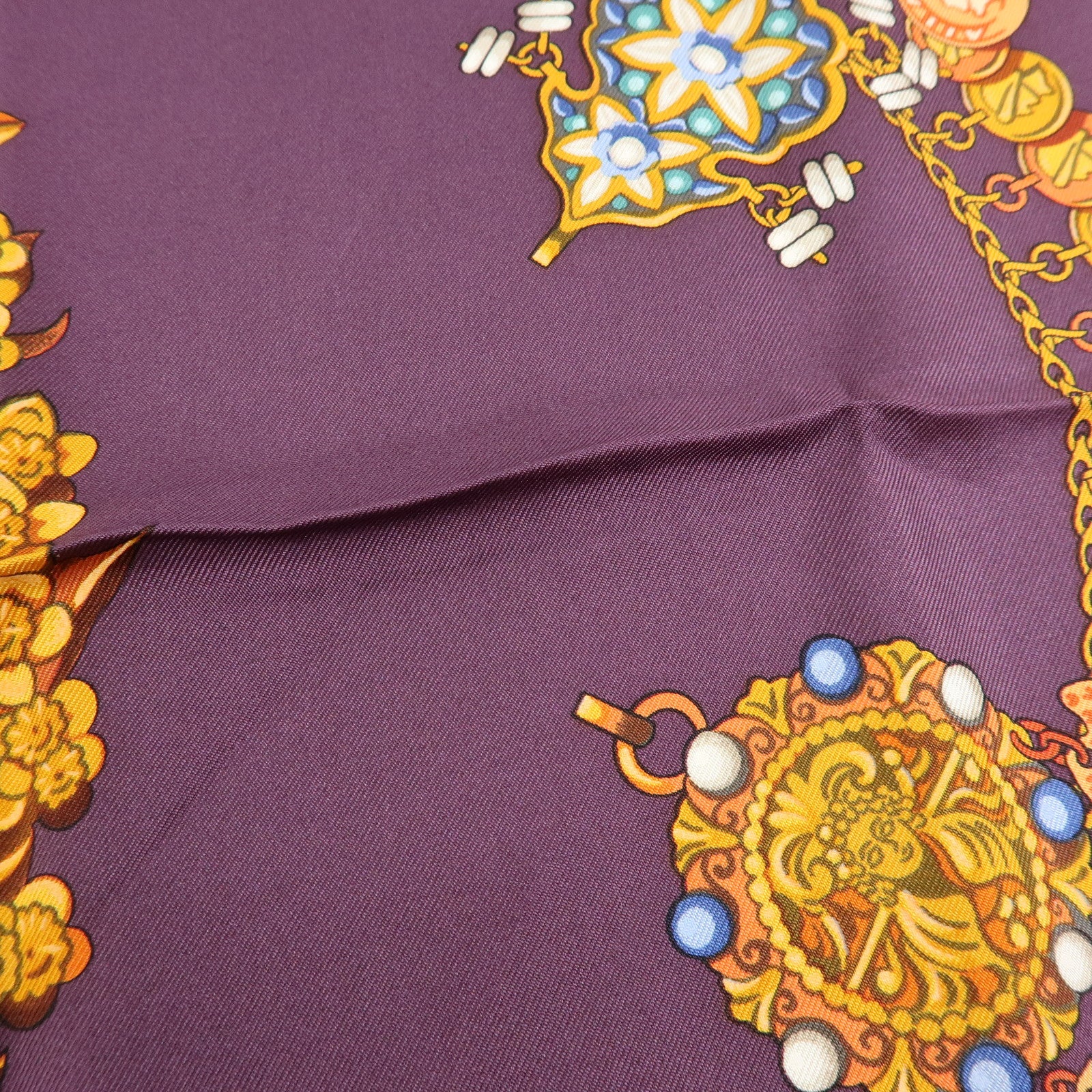 HERMES Carre 90 Silk 100% Scarf KOSMIMA Jewelry Brown Mustard Purple
