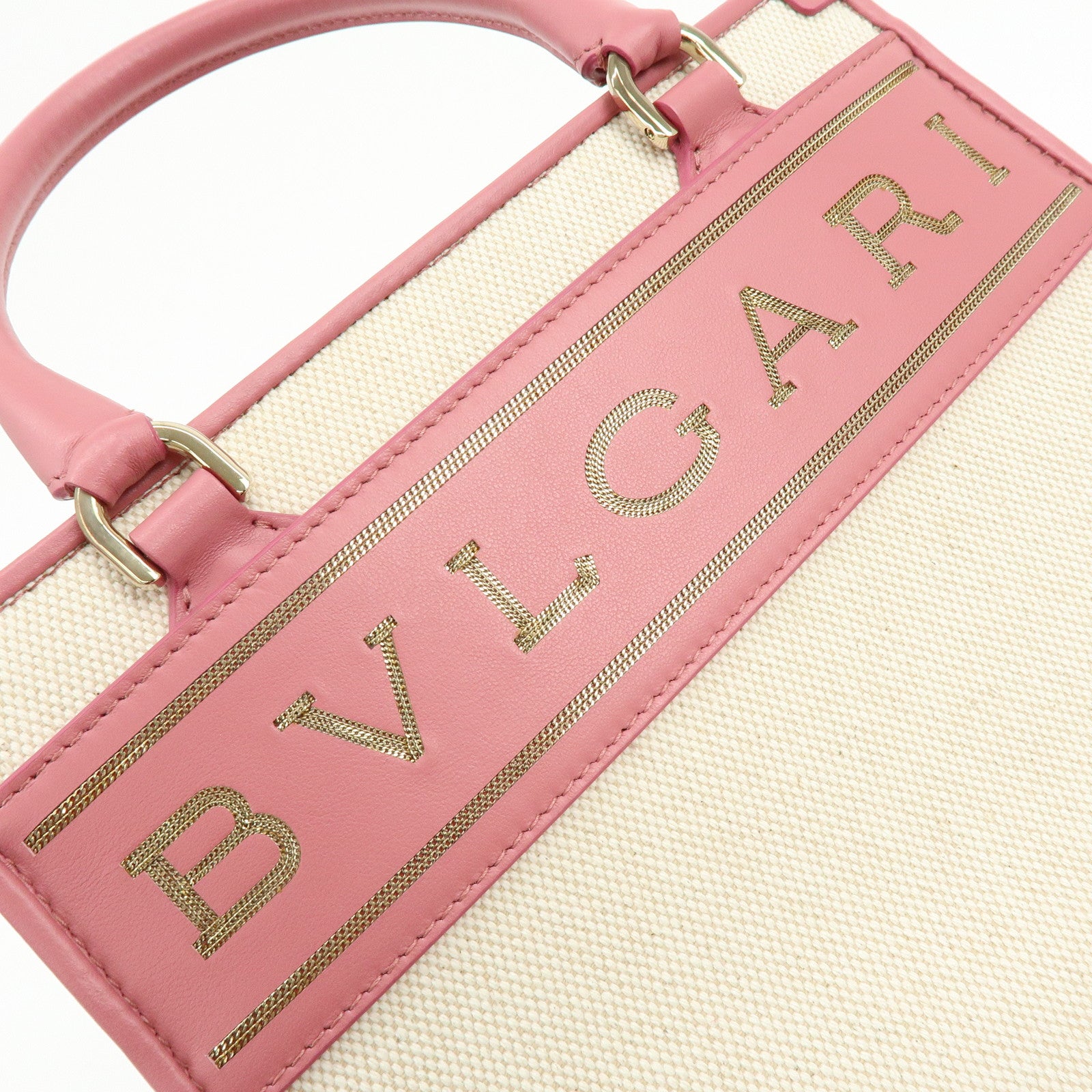 BVLGARI Logo Canvas Leather 2Way Bag Hand Bag Shoulder Bag Pink