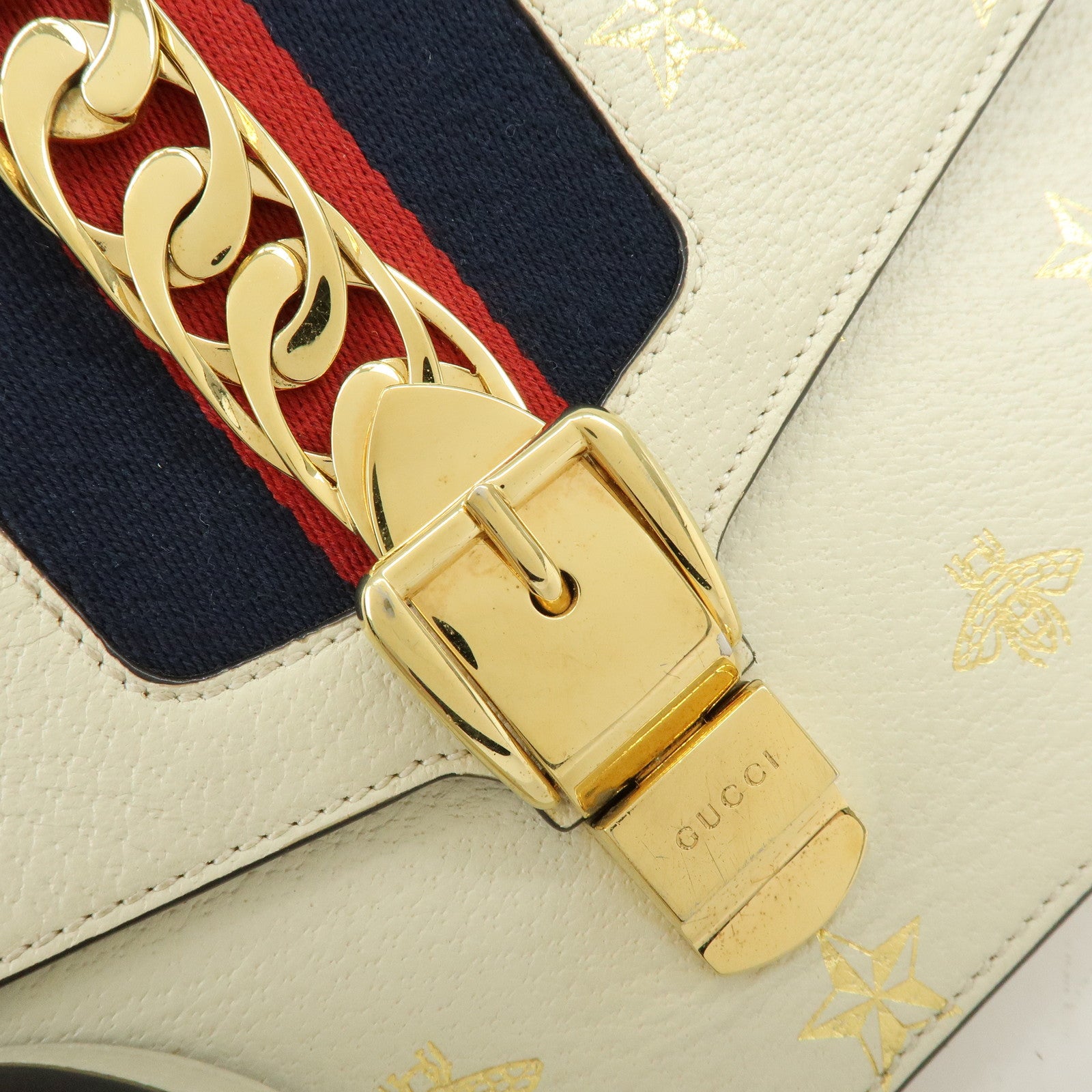 GUCCI Sylvie Sherry Calf Leather Shoulder Bag Ivory Bee & Star 524405