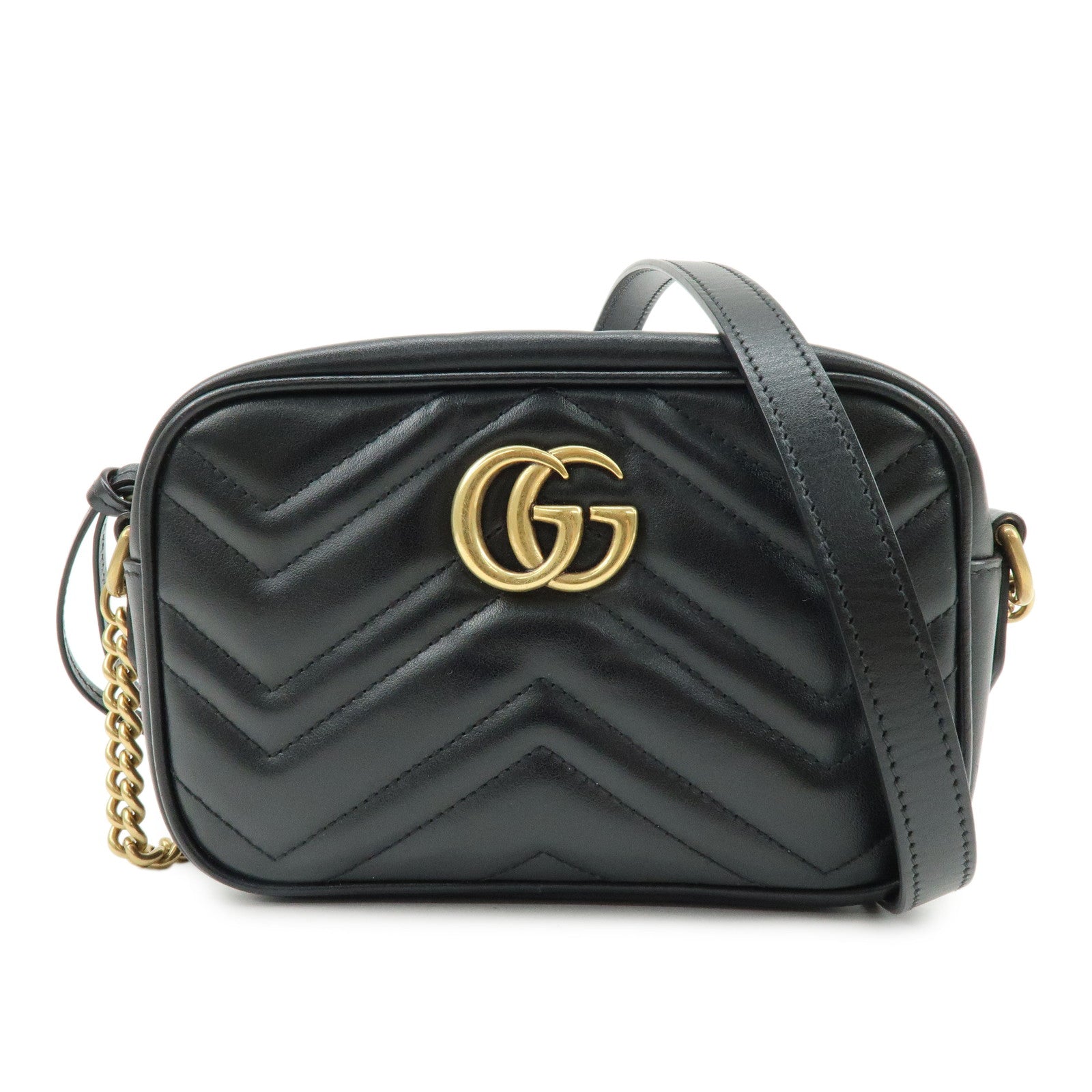 GUCCI GG Marmont Double G Leather Chain Shoulder Bag Black 448065