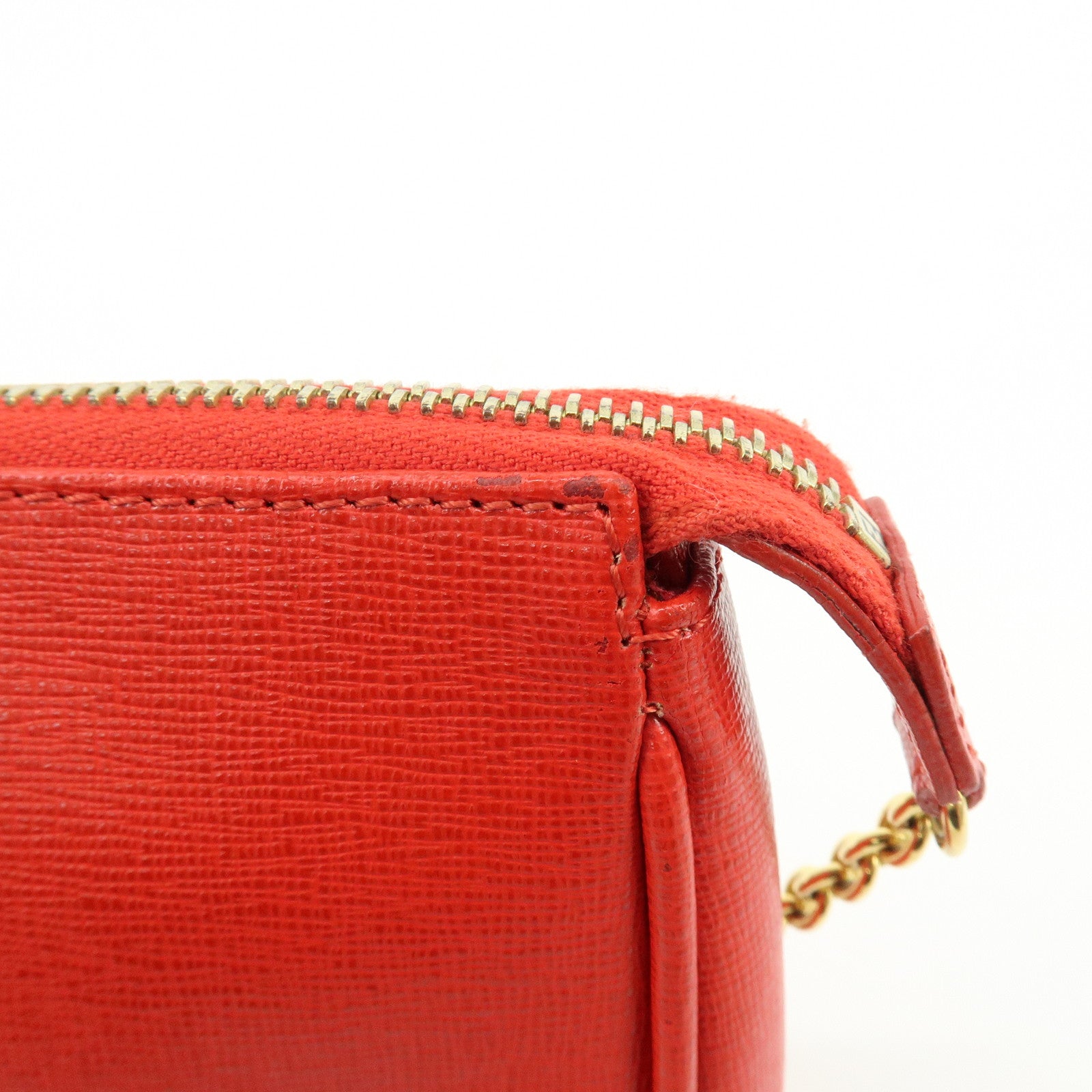 FENDI Embossed Leather Chain Accessary Pouch Hand Bag Red 8M0271