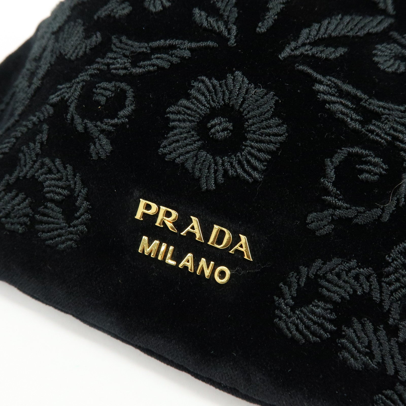 PRADA Logo Velvet Leather Drawstring Pouch Embroidery Black 1MU001