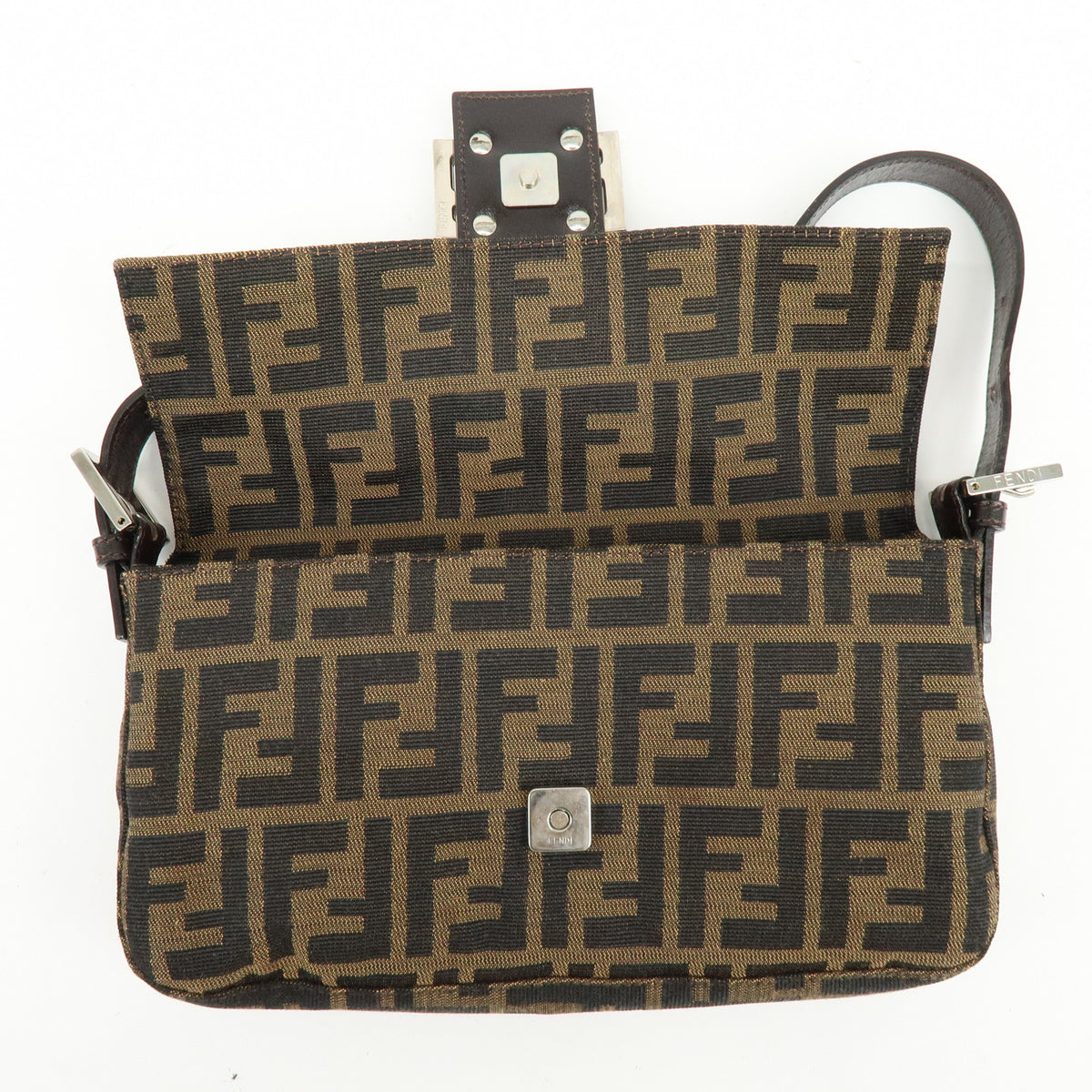 FENDI Mamma Baguette Jacquard Canvas Leather Shoulder Bag Brown 26424