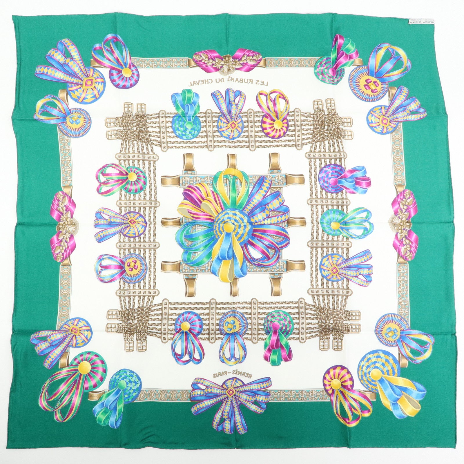 HERMES Carre 90 Silk 100% Scarf LES RUBANS DU CHEVAL Green White Blue