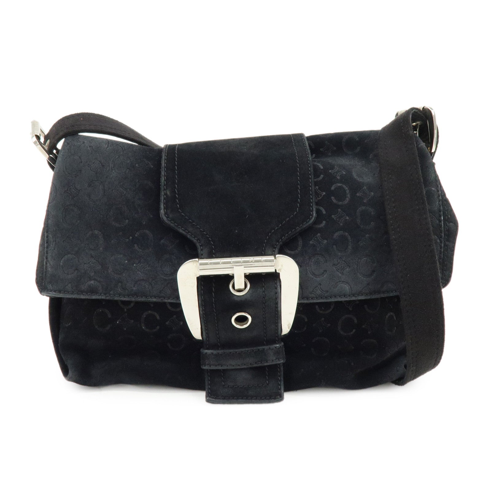 CELINE C Macadam Suede Leather Shoulder Crossbody Bag Black
