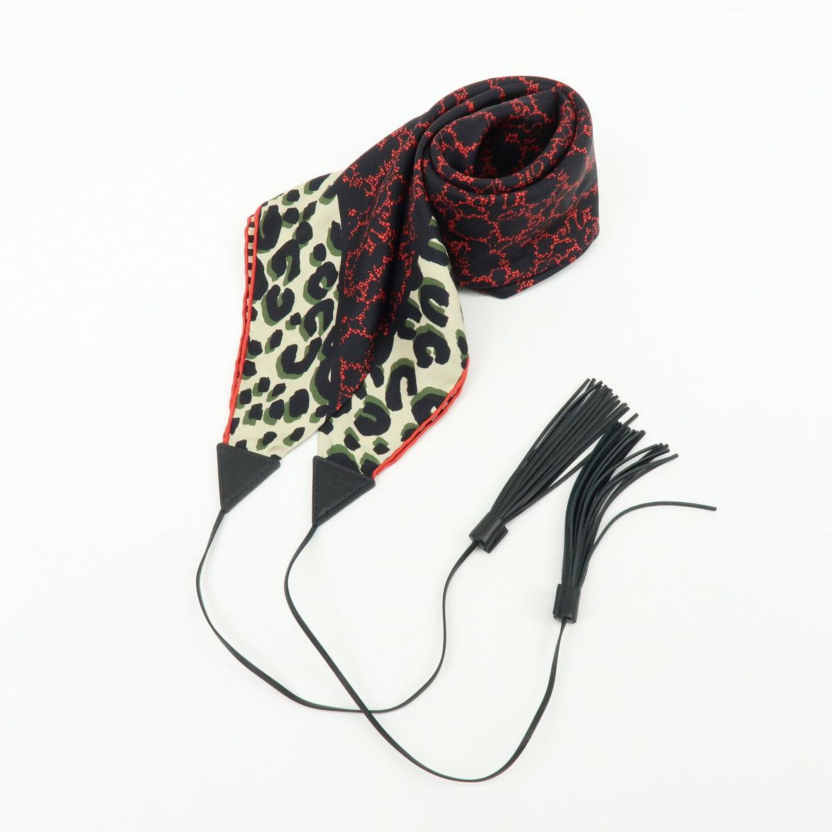 Louis Vuitton Silk 100% Calf Skin Scarf Bandana Tassel Black Red