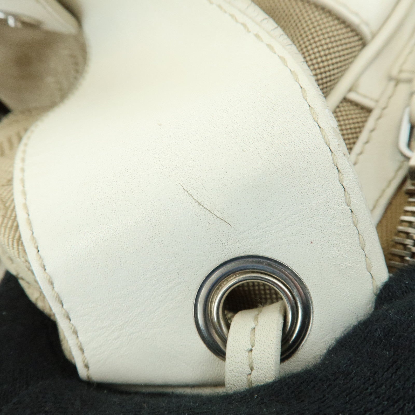 PRADA Triangle Logo Nylon Jacquard Leather Shoudler Bag Beige Ivory