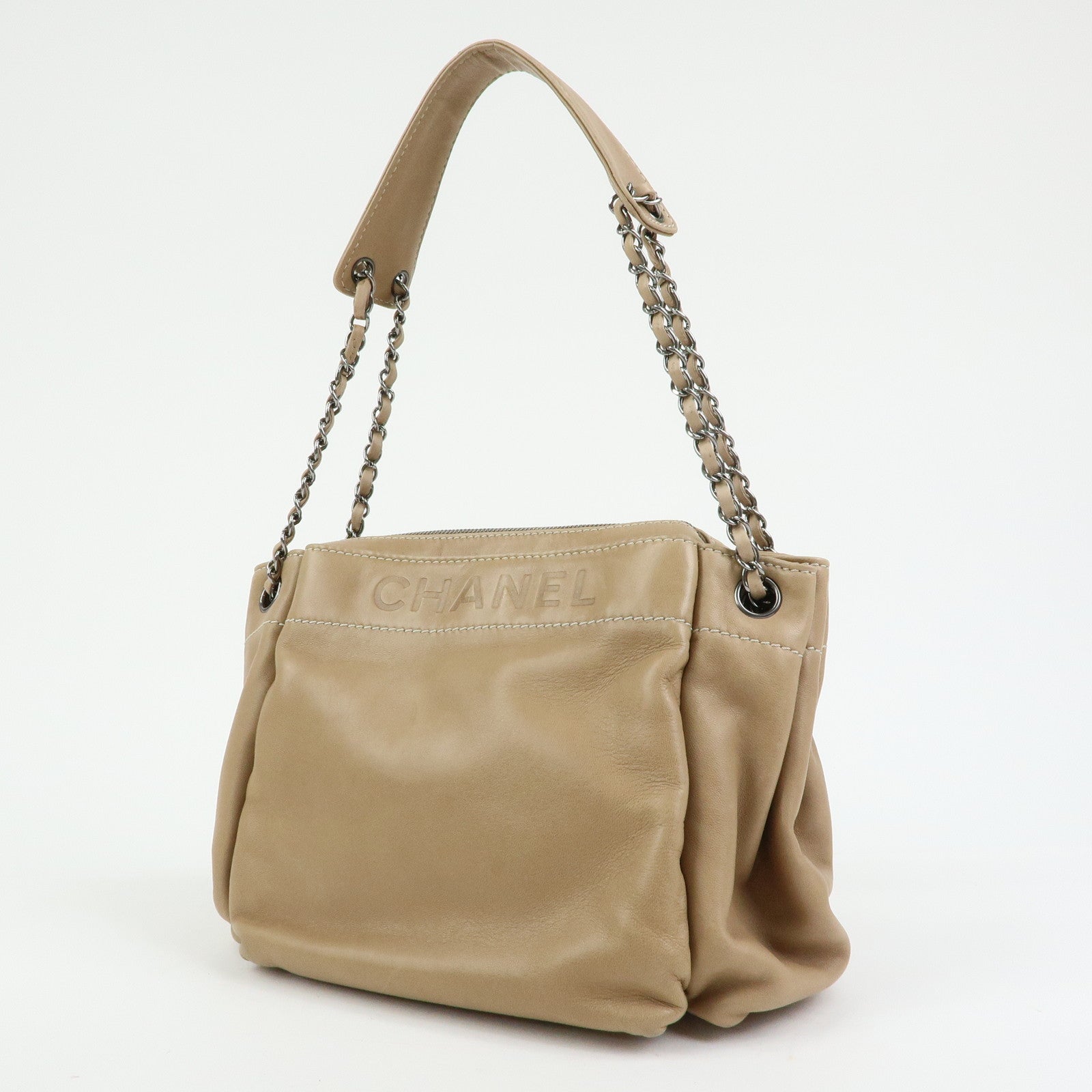 CHANEL LAX Accordion Lamb Skin Chain Shoulder Bag Hand Bag Beige