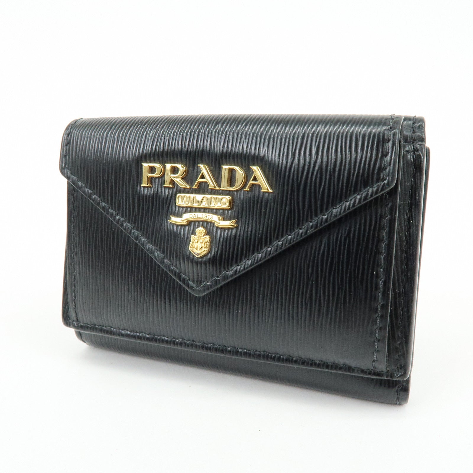 PRADA Vitello Move Leather Tri-fold Compact Wallet Black 1MH021