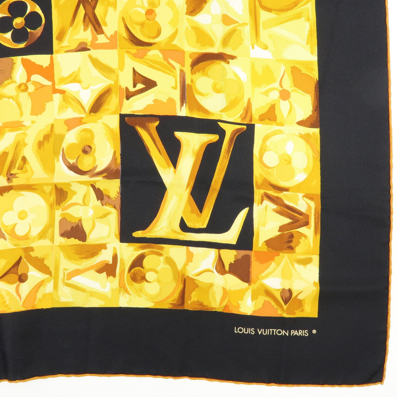 Louis Vuitton Silk 100% Scarf Carre Au fil du temps Black Brown