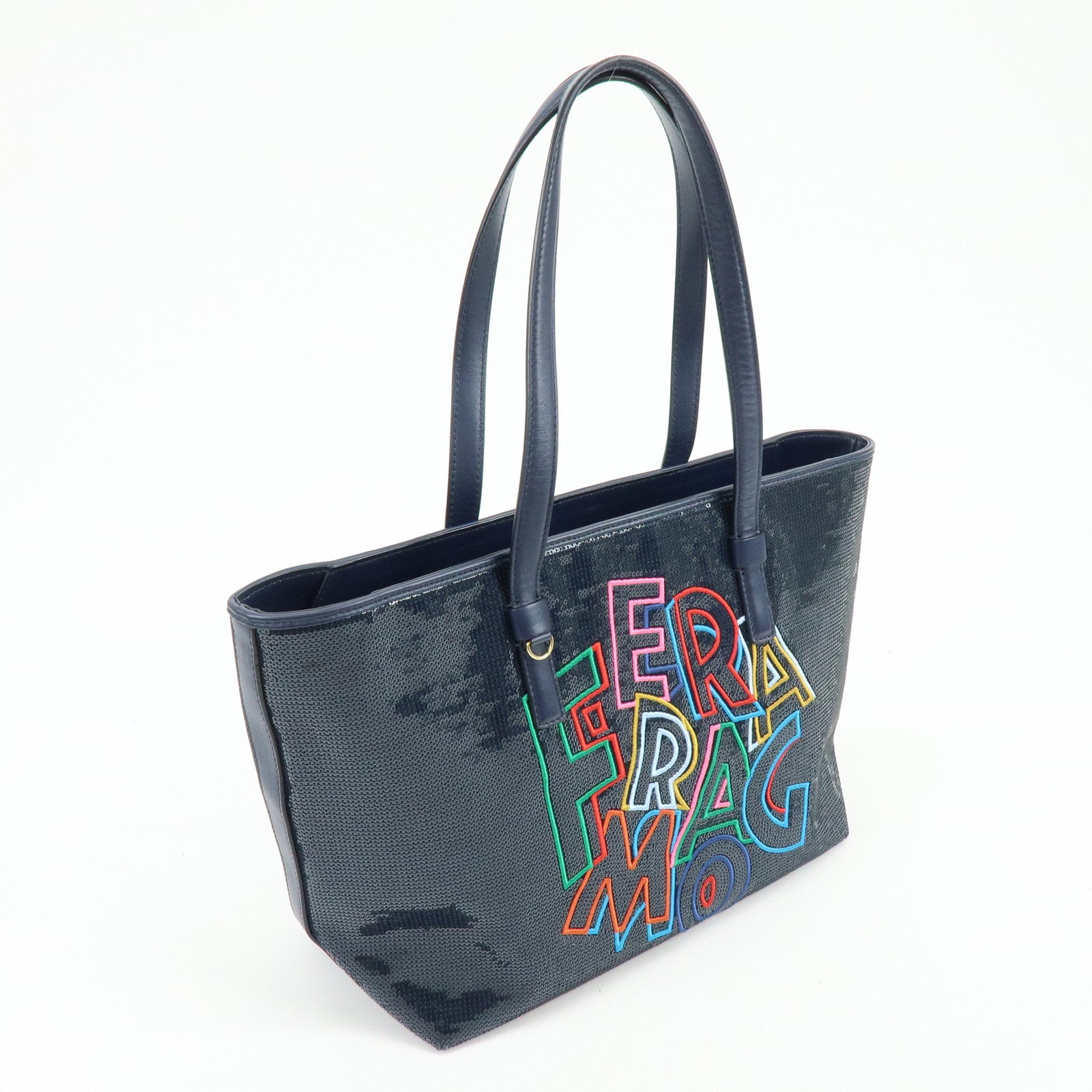 Ferragamo Gancini Sequin Leather Tote Bag Hand Bag Navy