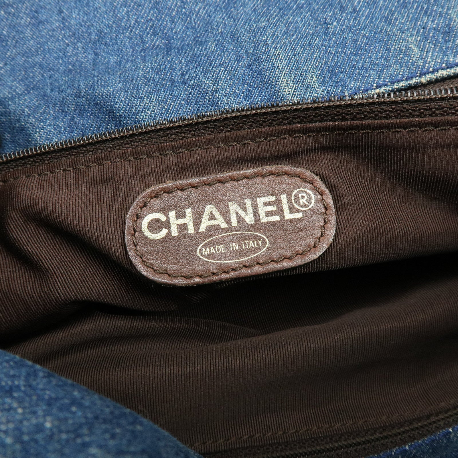 CHANEL COCO Mark Denim Leather Tote Shoulder Bag Blue Brown