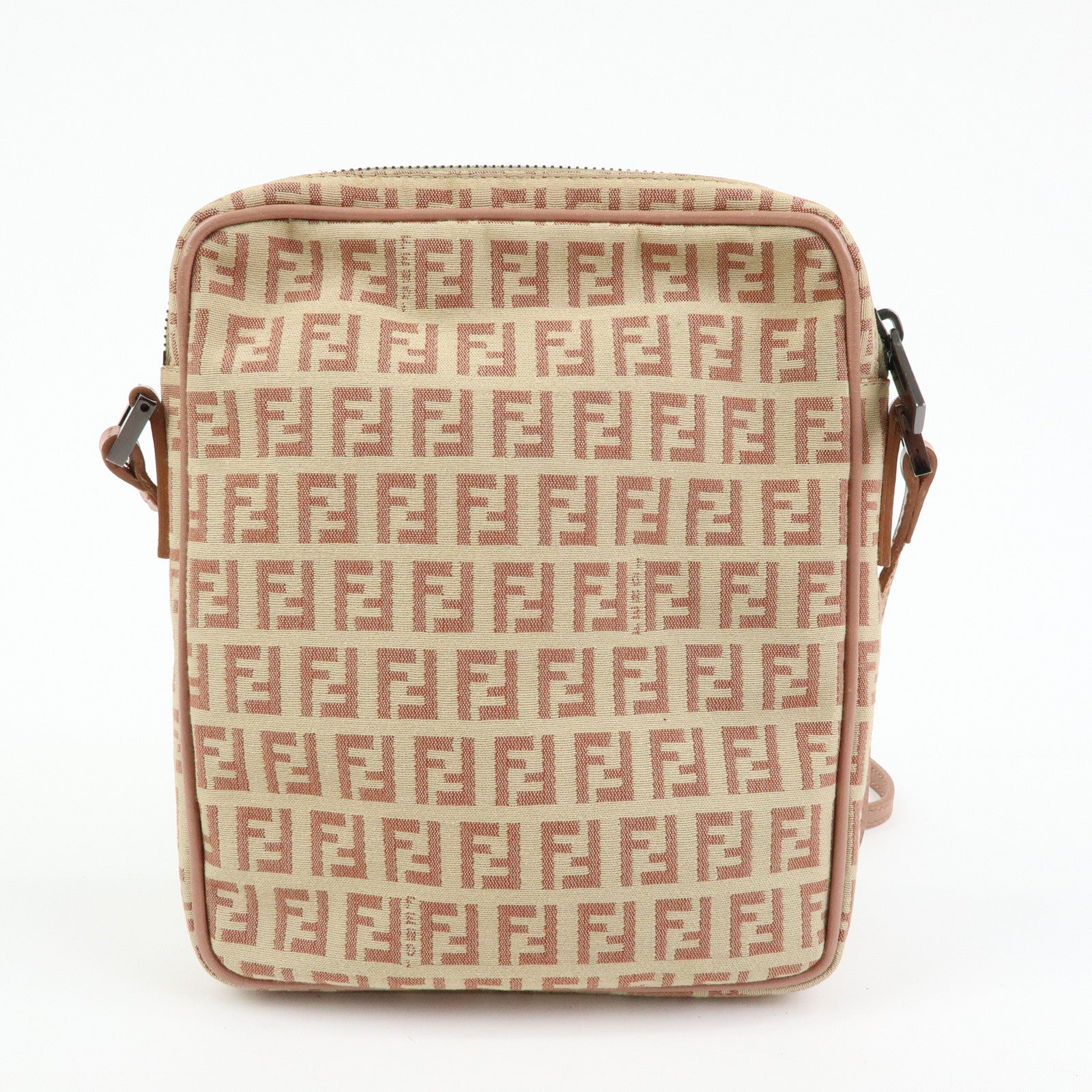 FENDI Zucchino Canvas Leather Shoulder Crossbody Bag Beige Pink 8BT053