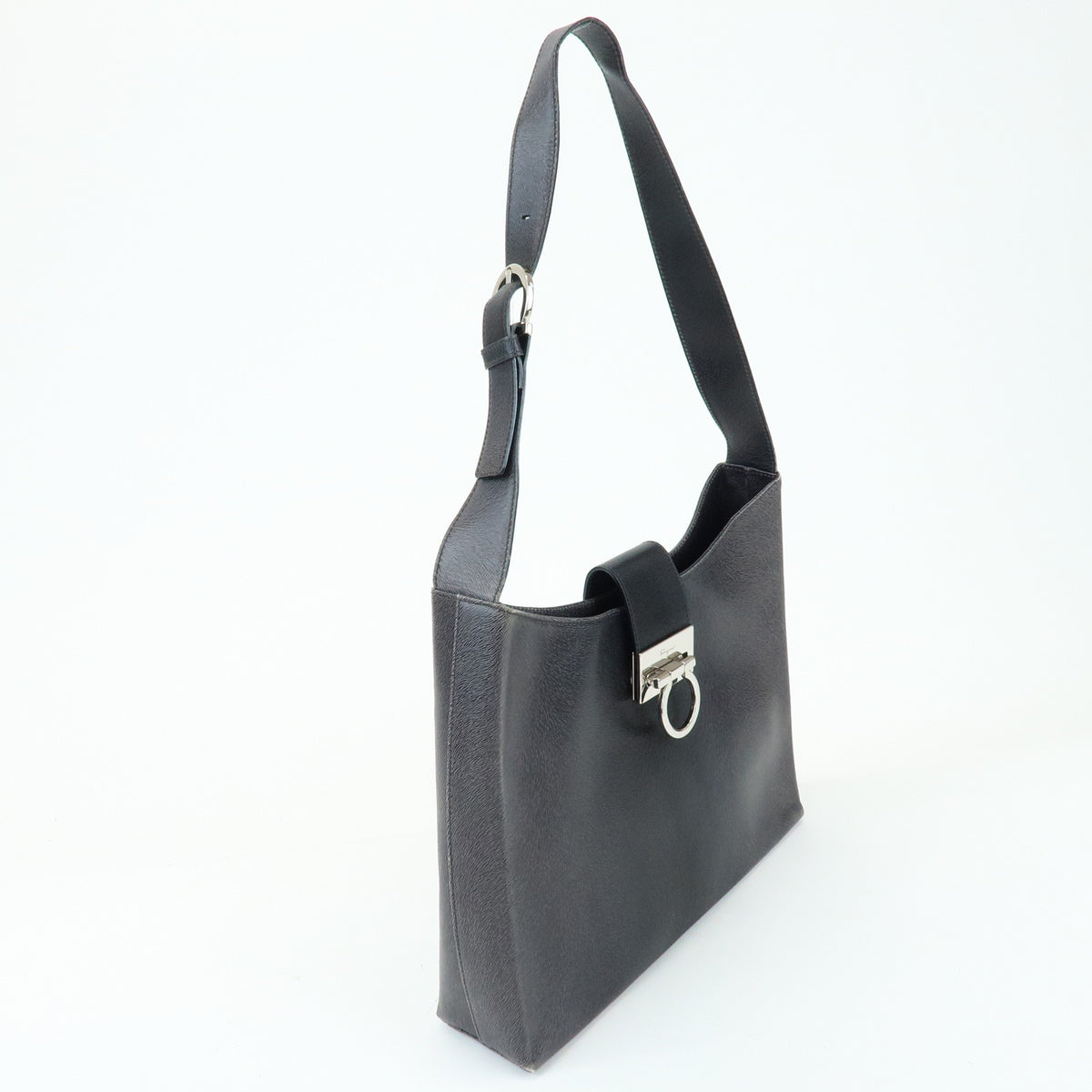 Ferragamo Gancini Leather Shoulder Bag Hand Bag Black Grey