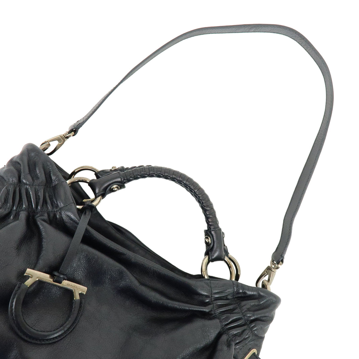 Ferragamo Gancini Leather 2Way Bag Hand Bag Shoulder Bag Black