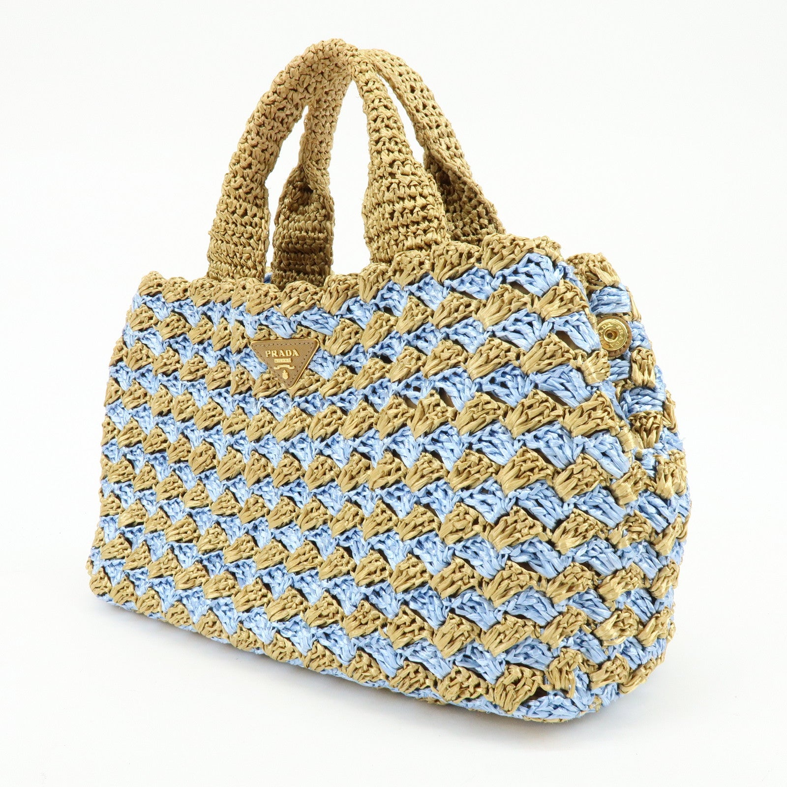 PRADA Traingle Logo Canapa Raffia Tote Bag Hand Bag Natural Blue