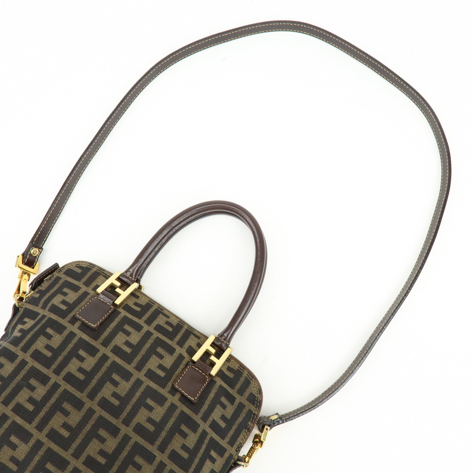 FENDI Zucca Canvas Leather 2Way Bag Hand Bag Shoulder Bag Brown Black