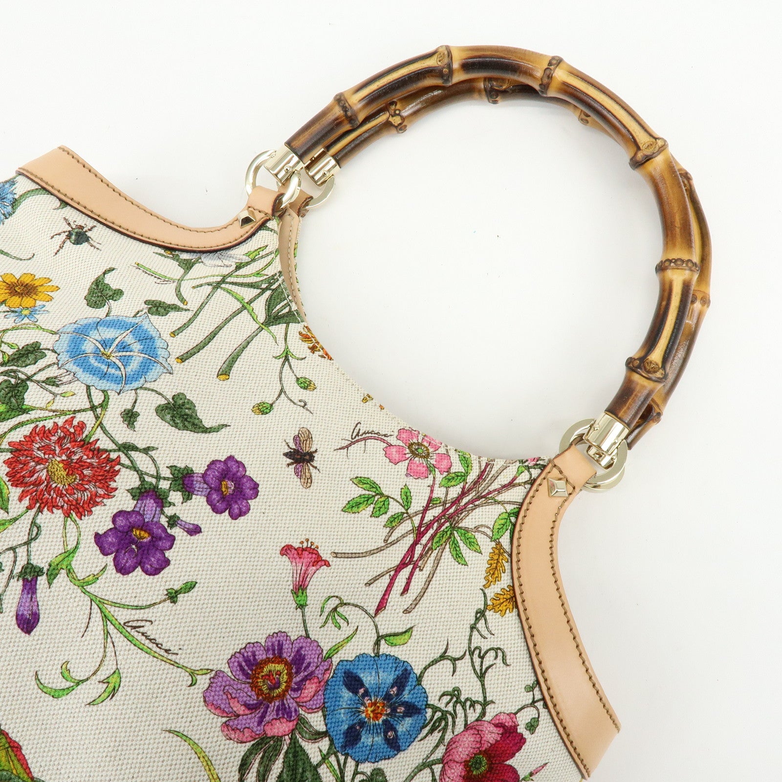 GUCCI Bamboo Flora Canvas Leather Hand Bag Multicolor Beige 137395