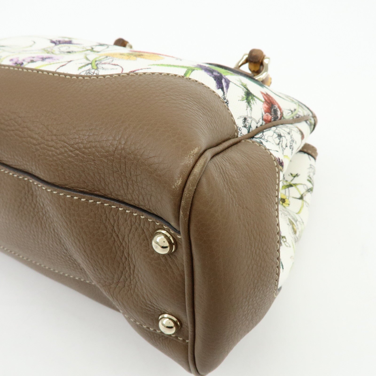 GUCCI Bamboo Canvas Leather 2Way Hand Bag Flower Print Brown 308360