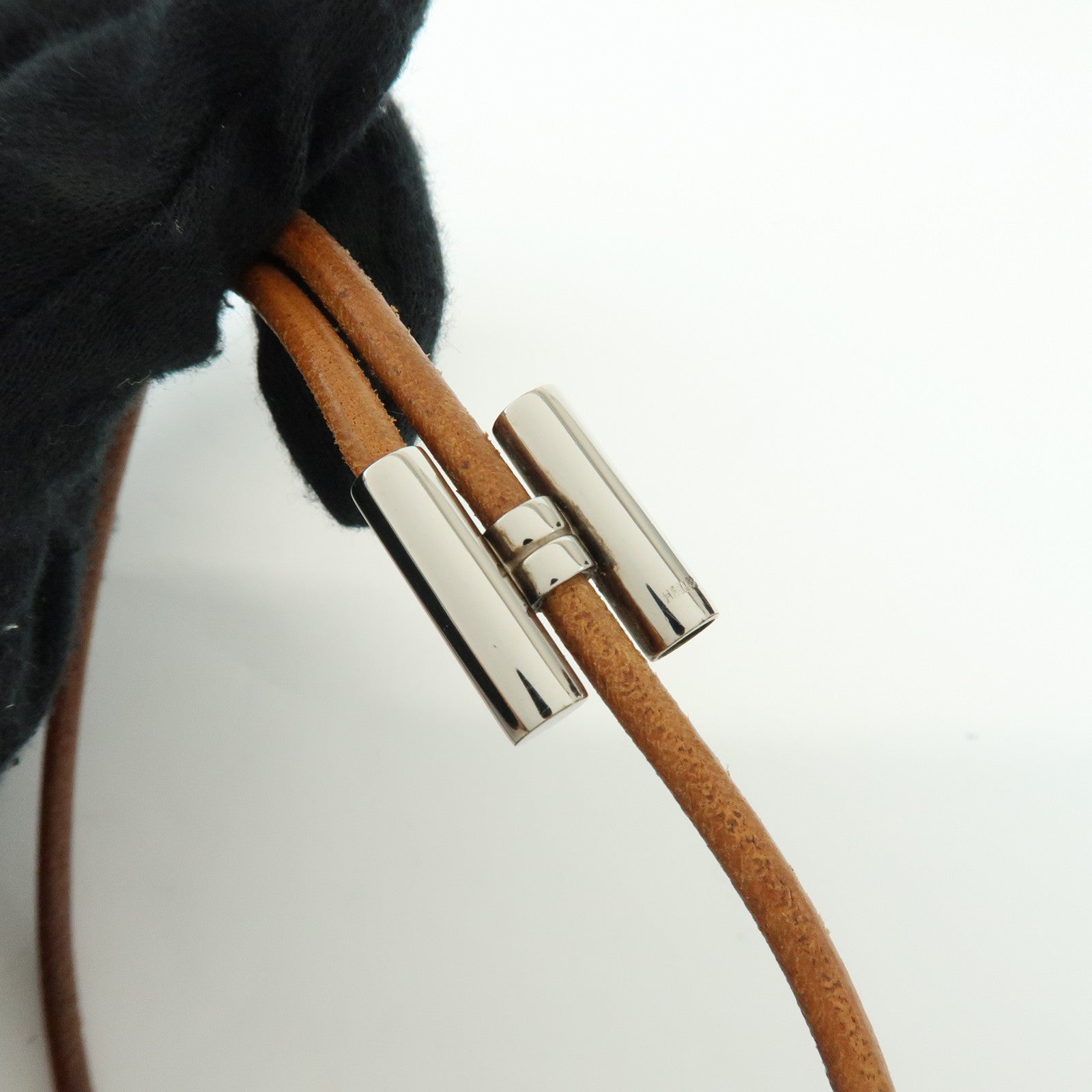 HERMES Leather Metal Tournis Tresse Bracelet Brown Silver