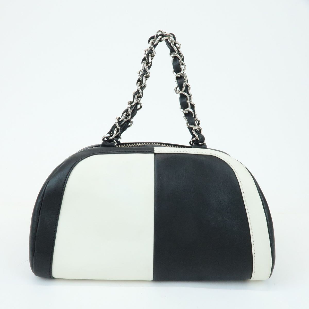 CHANEL COCO Mark Bicolor Lamb Skin Bowling Bag Hand Bag Black White