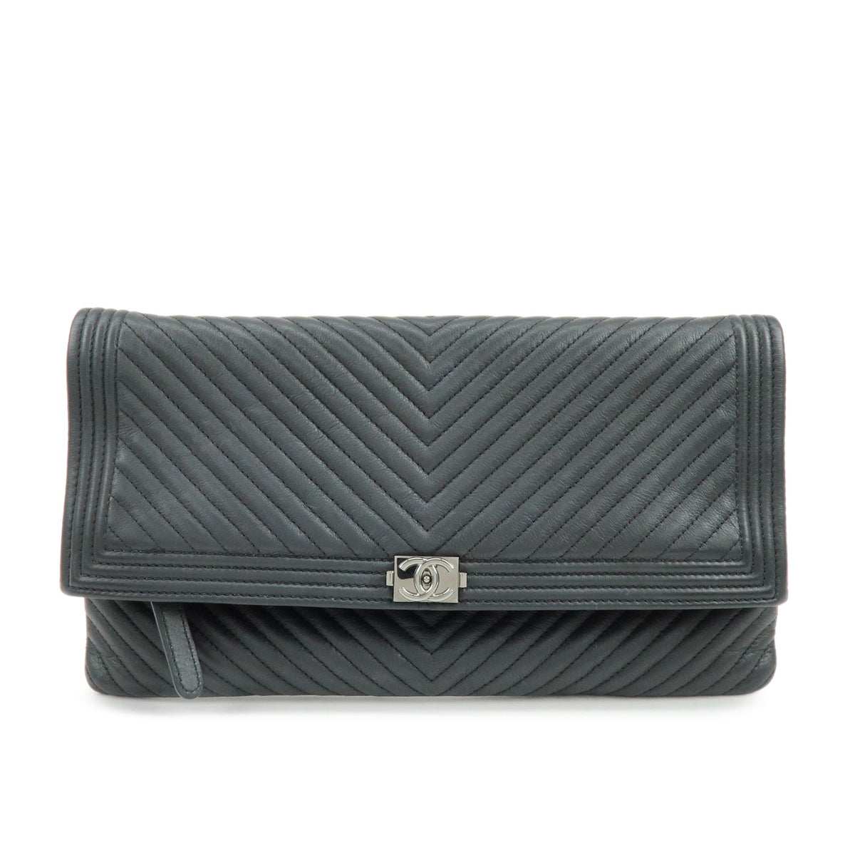 CHANEL Boy Chanel Chevron Calfskin Clutch Bag Black Silver