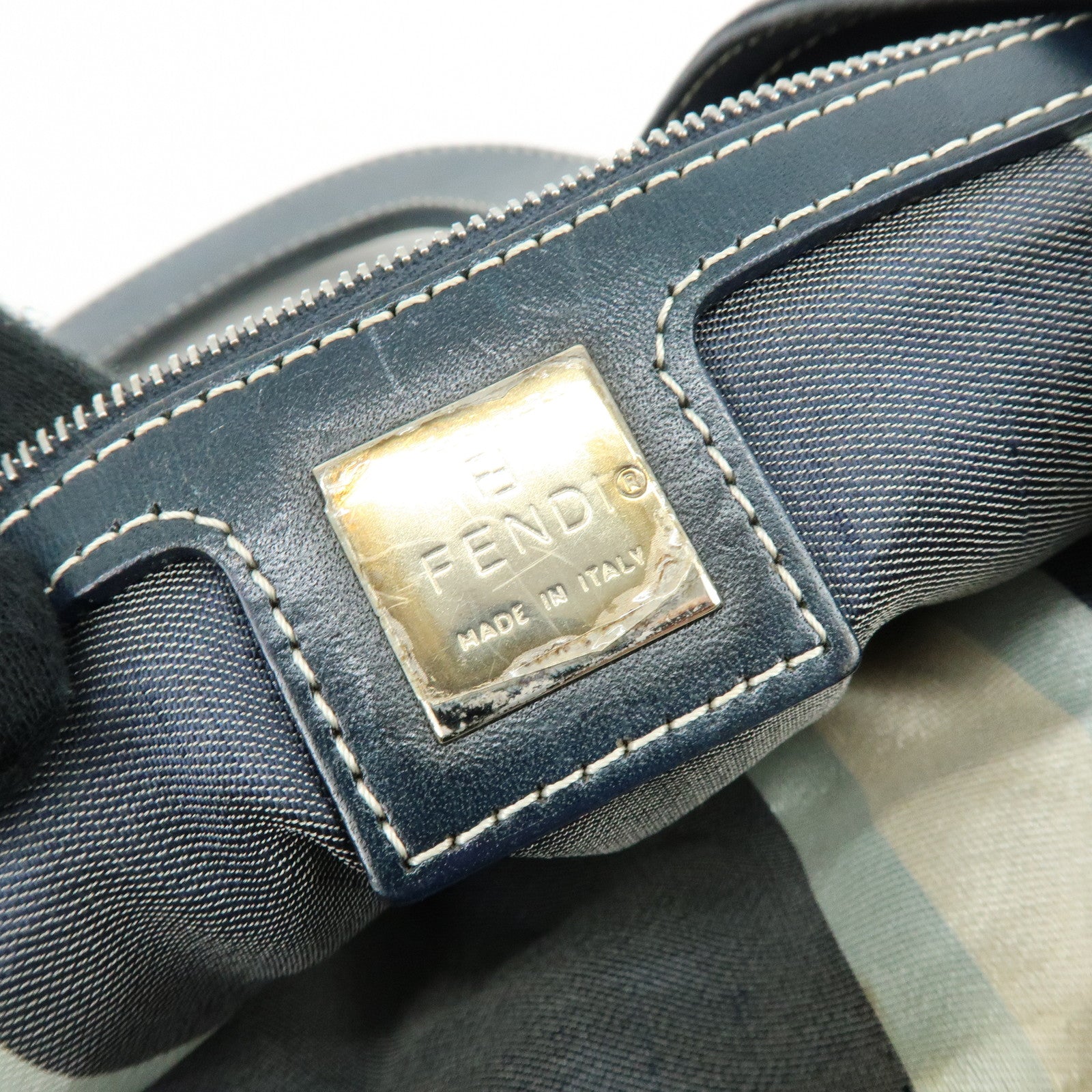 FENDI Canvas Leather Tote Bag Hand Bag White Stitch Navy 26693