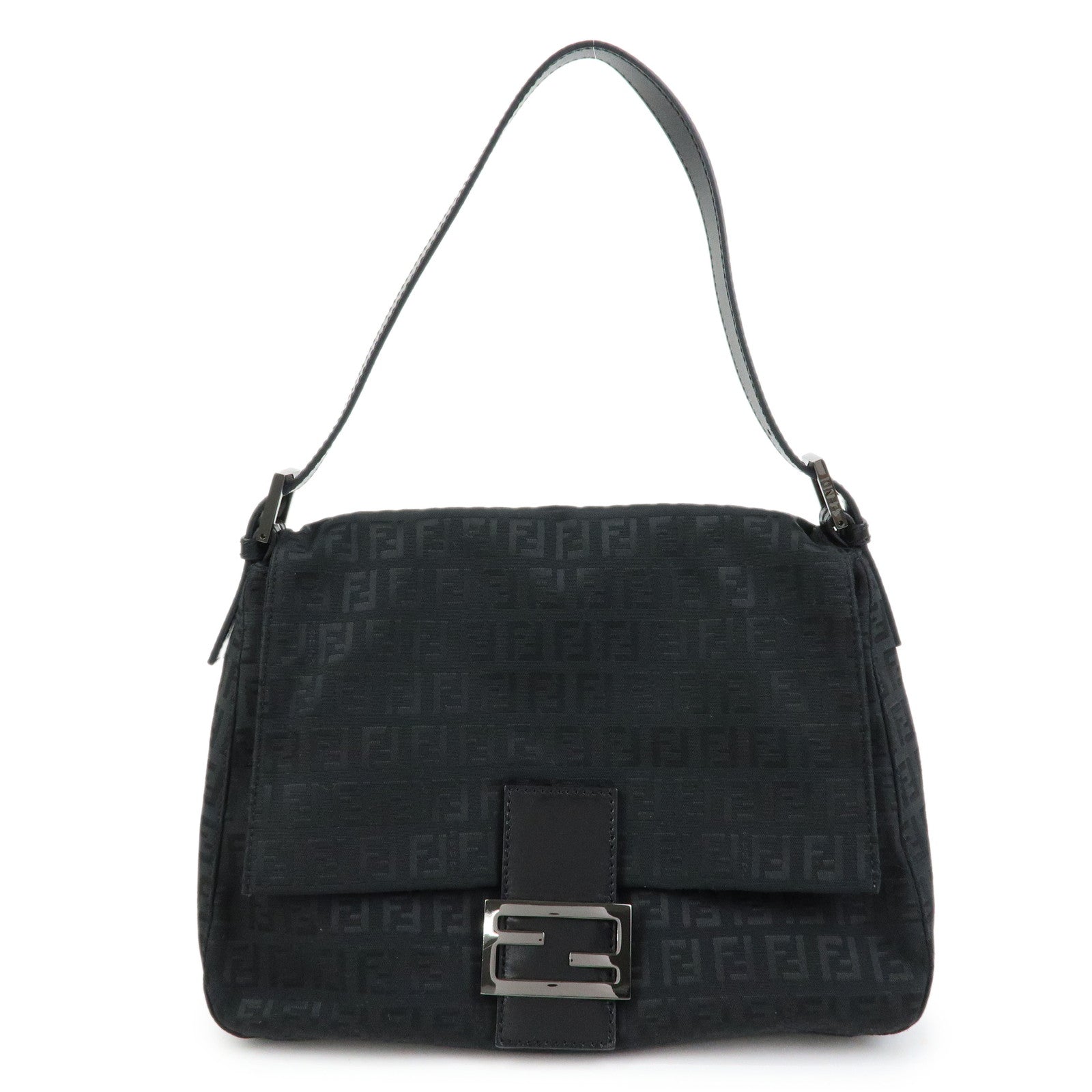 FENDI Mamma Baguette Zucchino Canvas Leather Shoulder Bag Black 8BR001