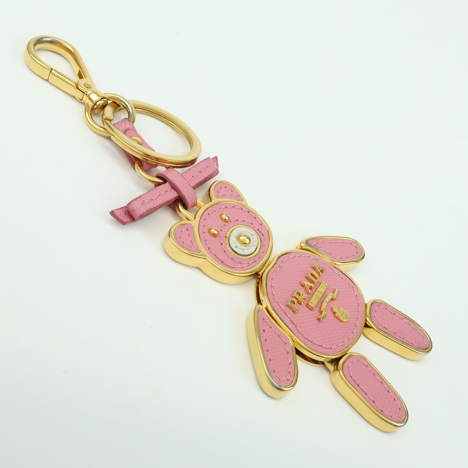 PRADA Metal Saffiano Leather Bag Charm Key Charm Bear Motif Pink