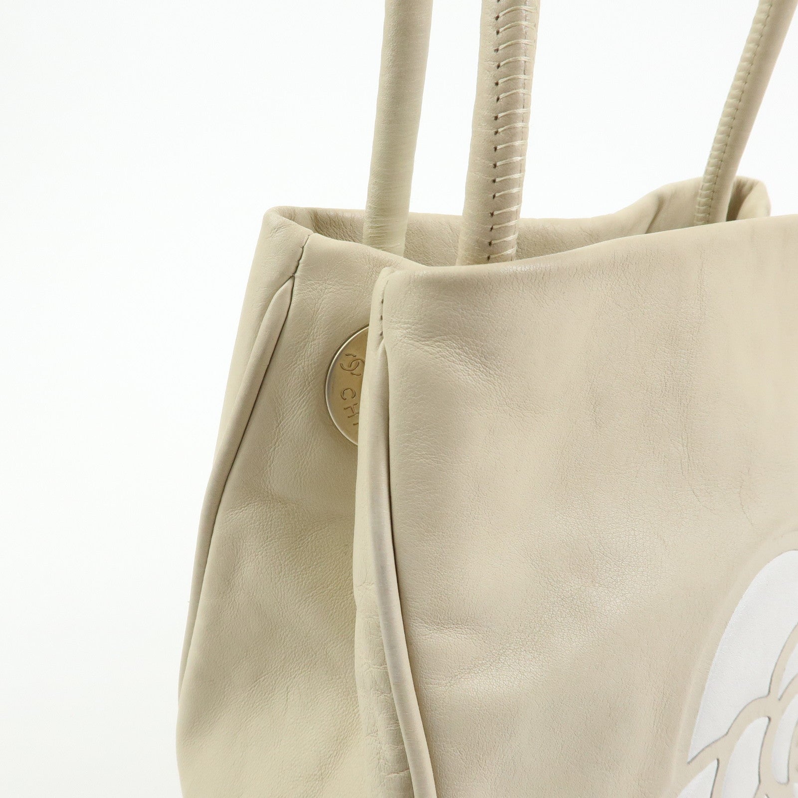 CHANEL Logo Camellia Leather Tote Bag Shoulder Bag Beige A20856