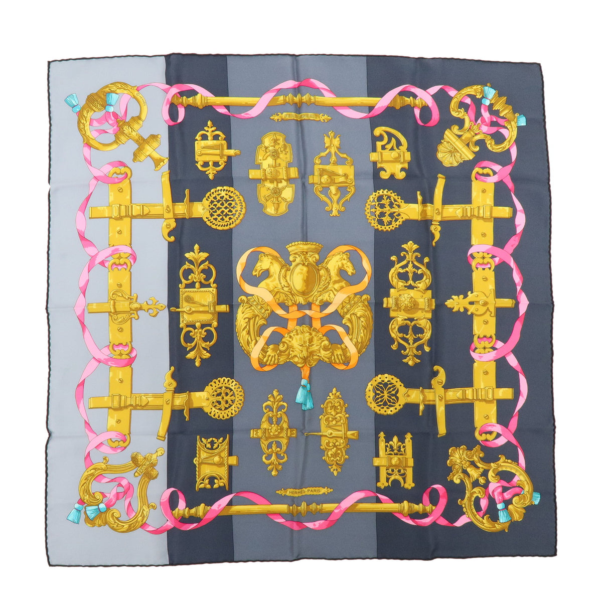 HERMES Carre 70 Silk 100% Scarf FERRONNERIE Gray Gold Pink