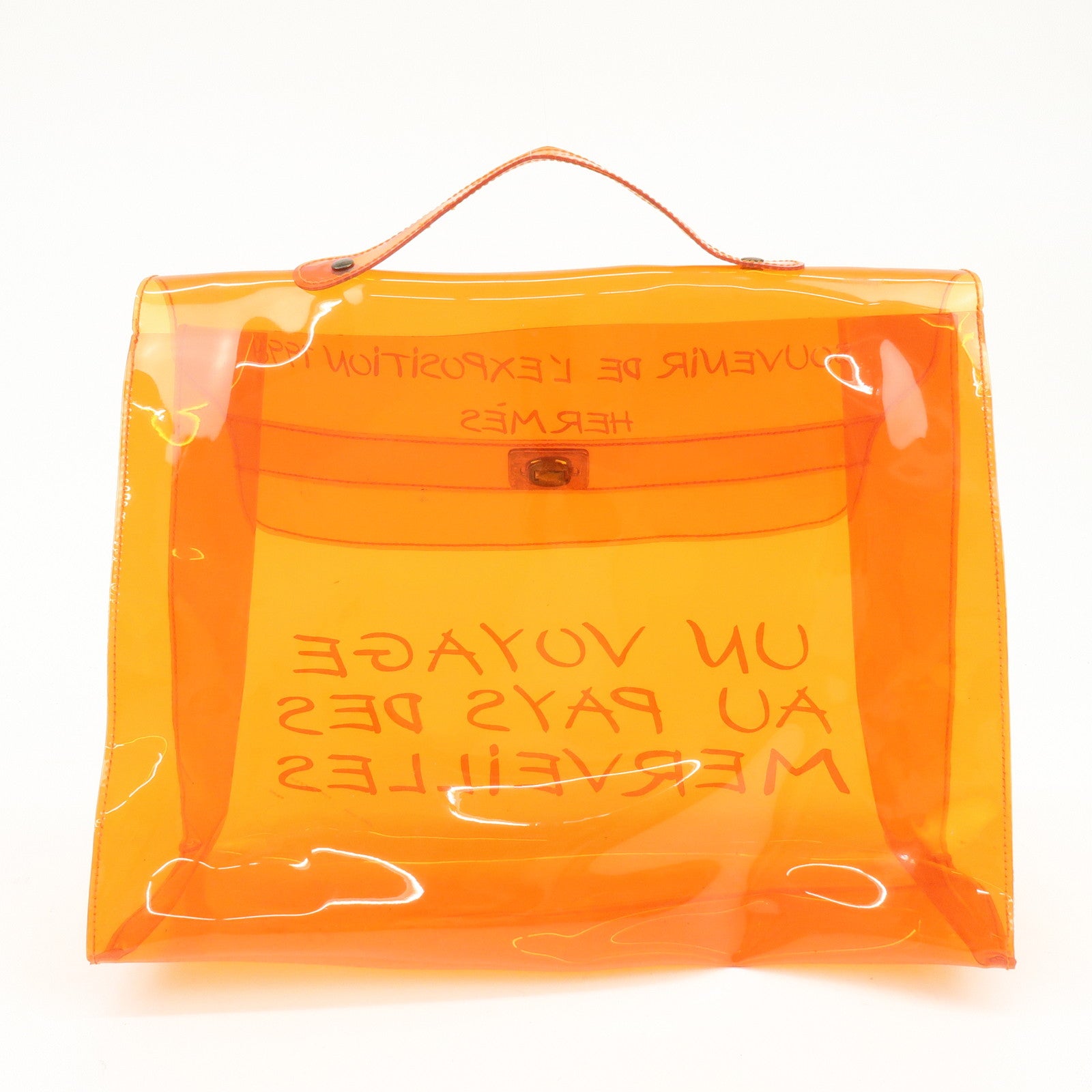 HERMES Kelly Vinyl Hand Bag Clear Orange