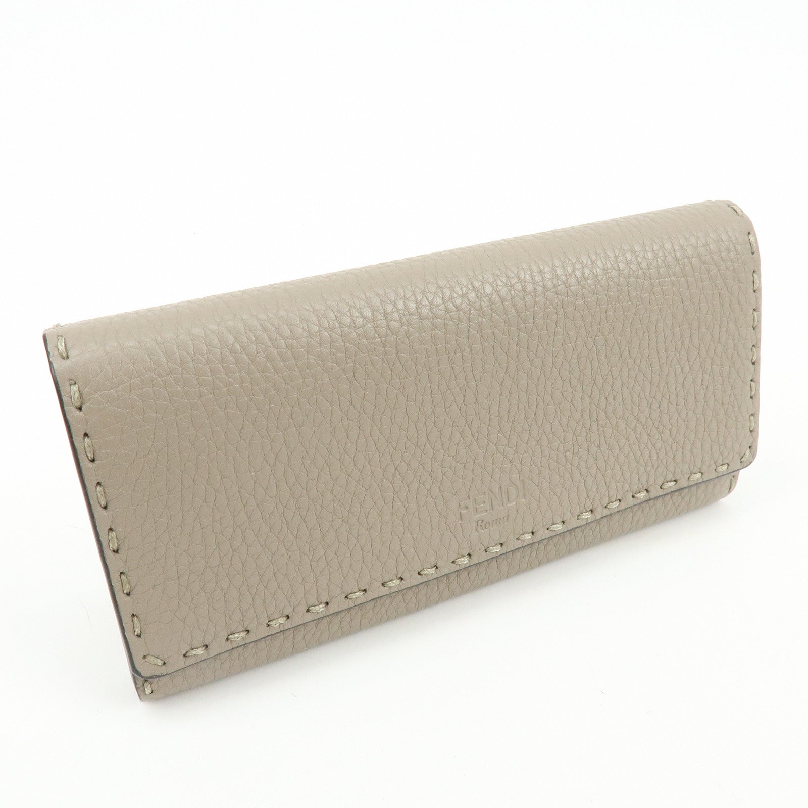 FENDI Selleria Leather Bi-fold Long Wallet Greige 8M0384