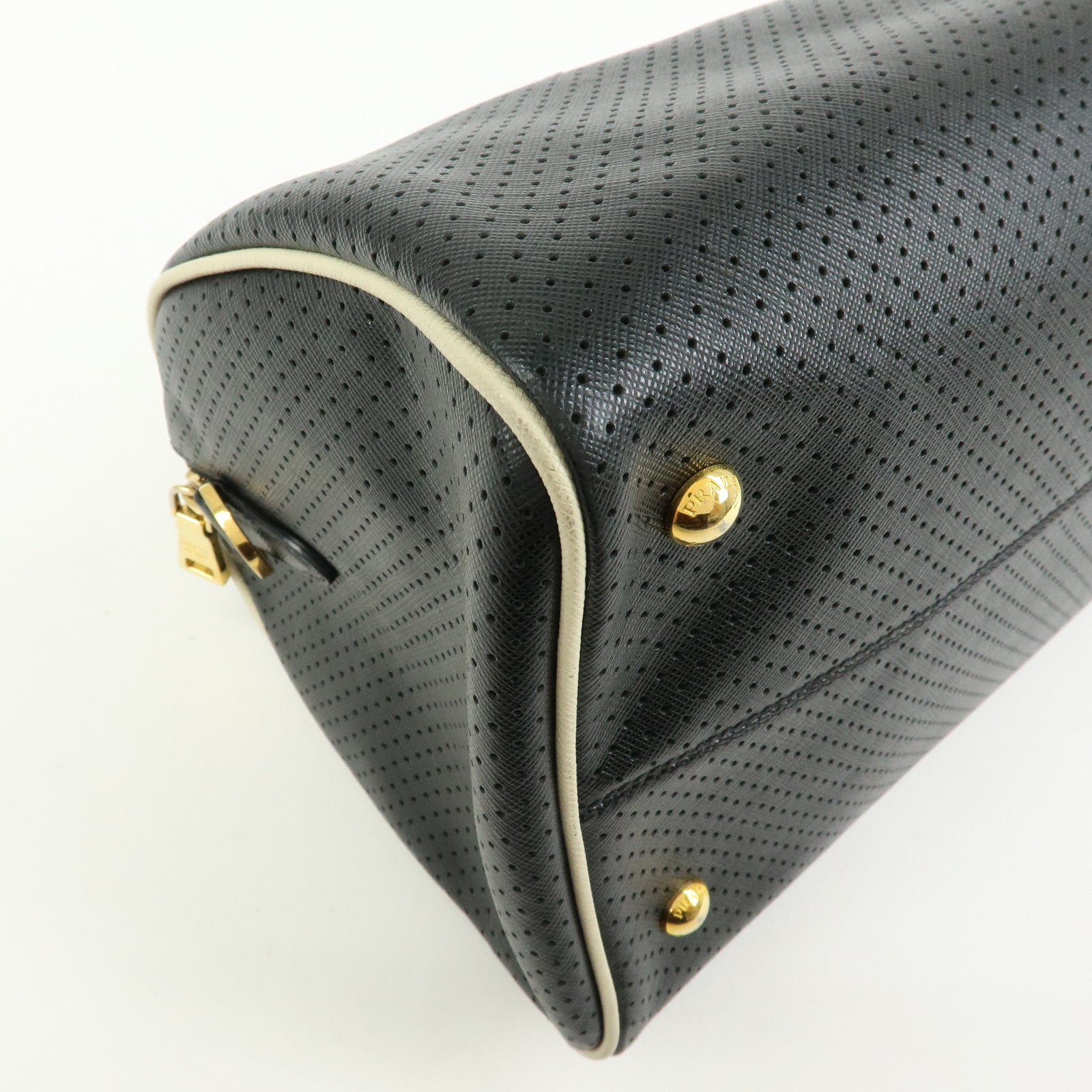 PRADA Triangle Logo Perforated Saffiano Leather 2Way Boston Bag Black
