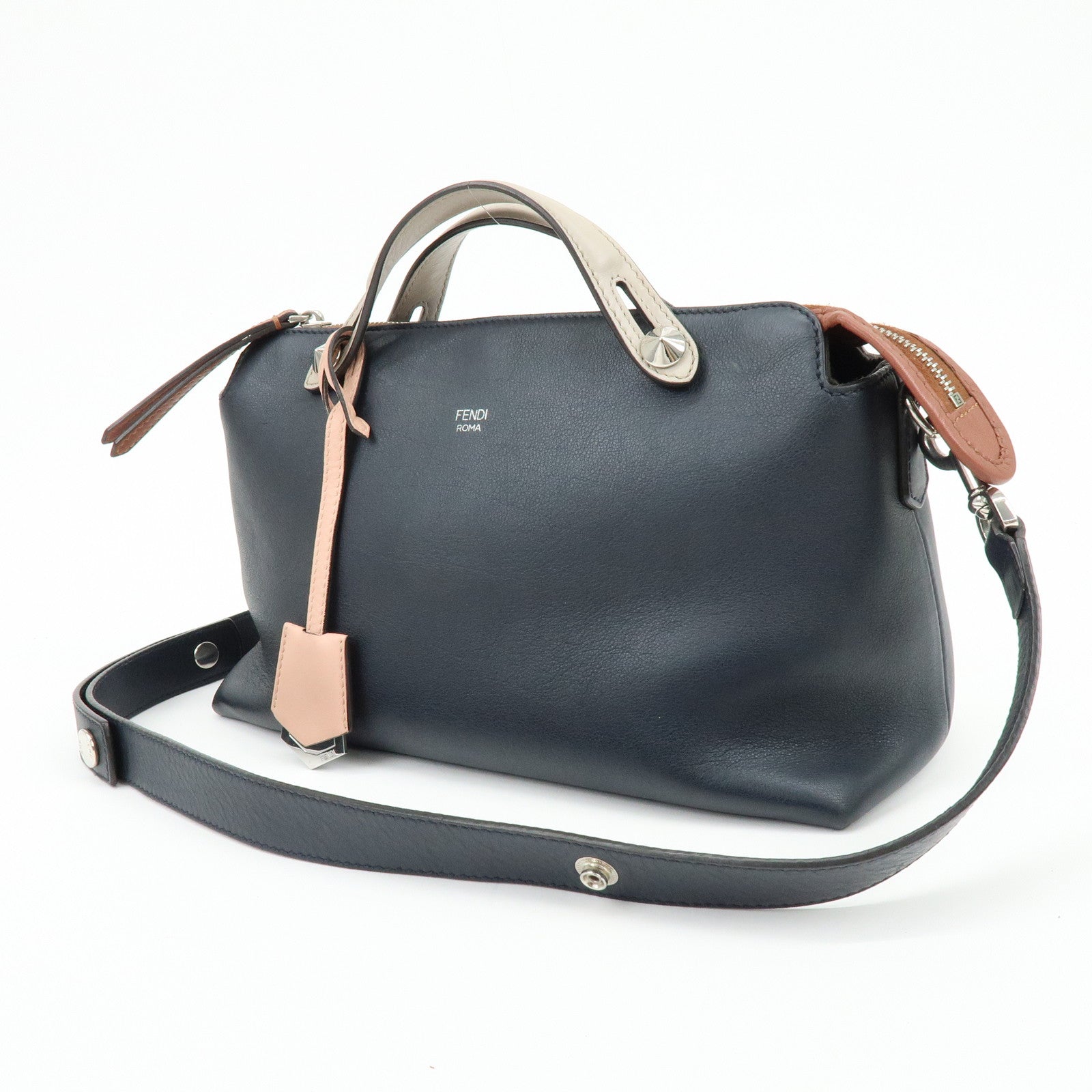 FENDI By The Way Medium Leather 2Way Hand Shoulder Bag Navy 8BL124