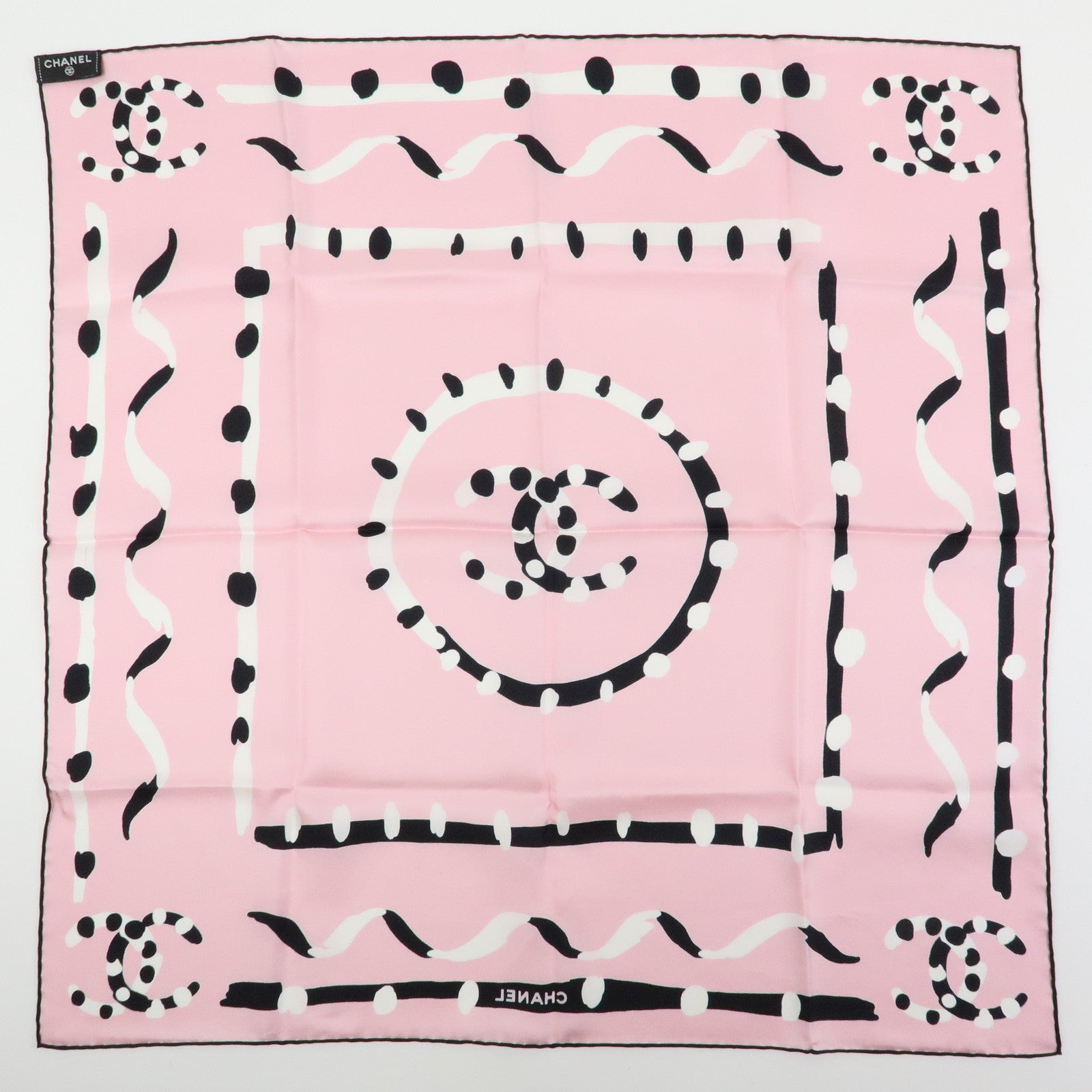 CHANEL COCO Mark Silk 100% Scarf Pink Black White