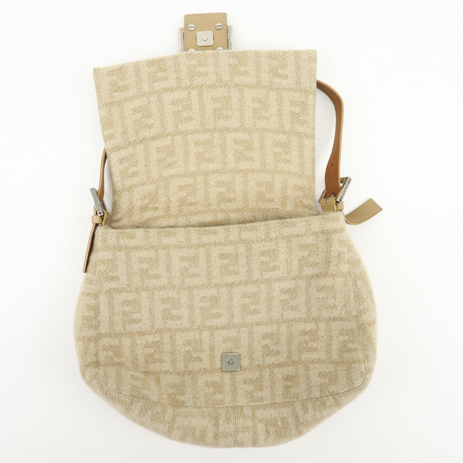 FENDI Mamma Baguette Zucca Wool Leather Shoulder Bag Beige 26325