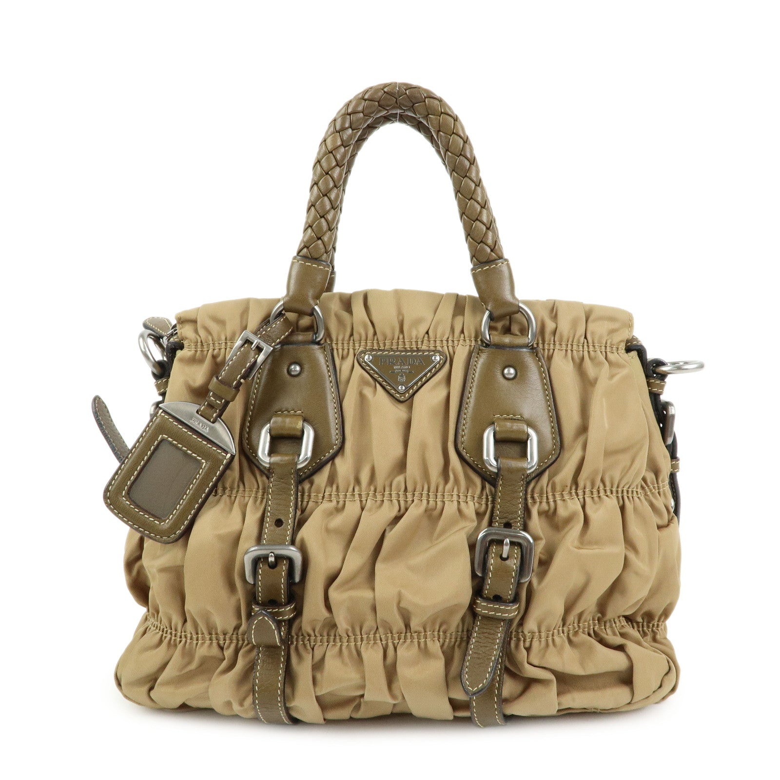 PRADA Triangle Logo Nylon Leather Tessuto Gaufre Hand Bag Brown