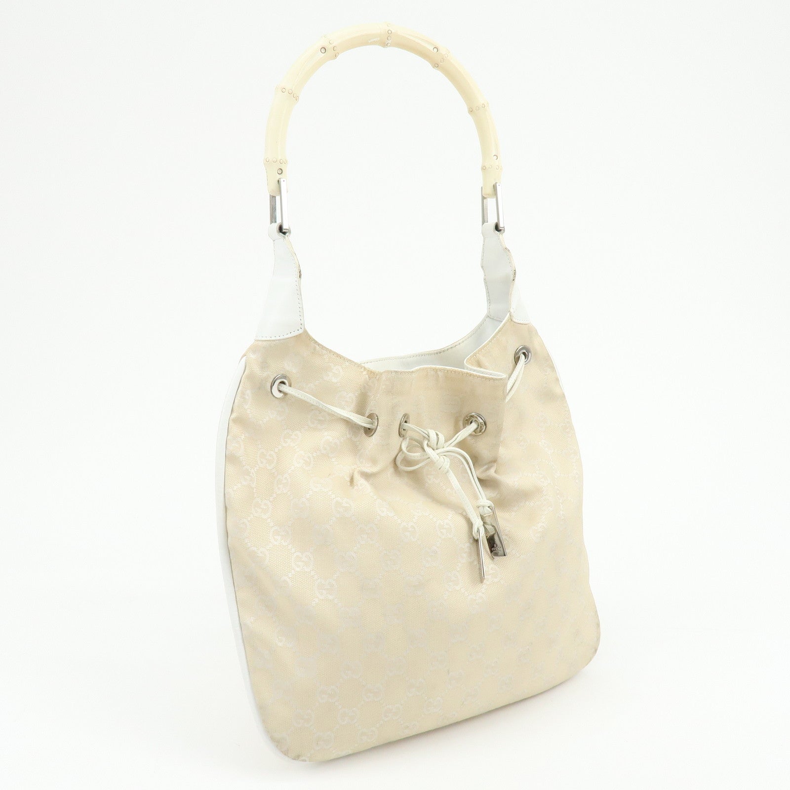 GUCCI Bamboo GG Canvas Leather Shoulder Bag Beige 001・4033・200047