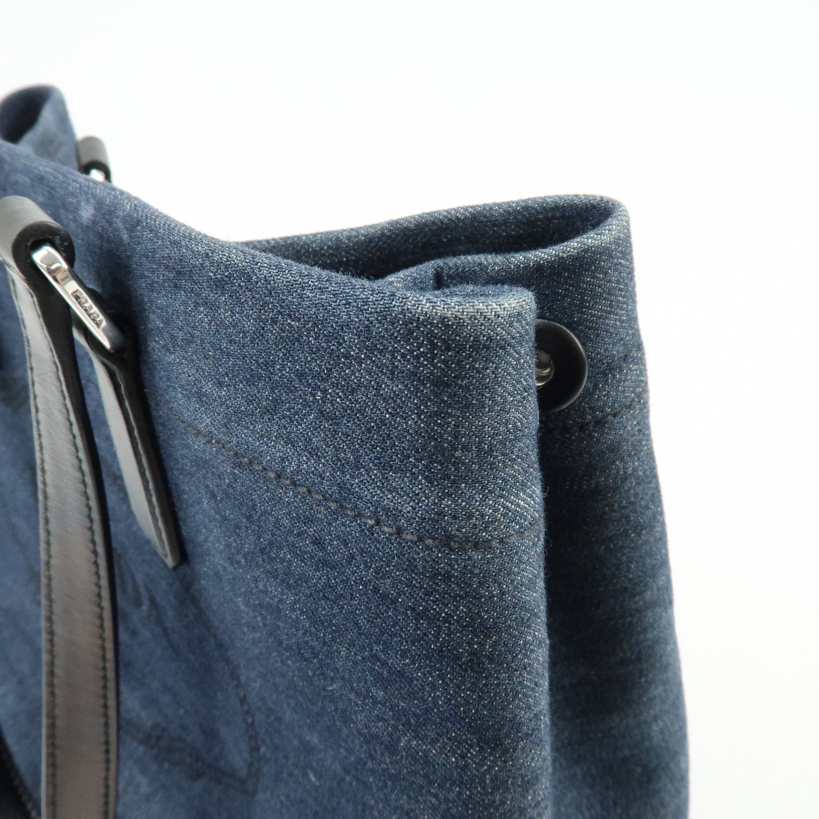 PRADA Logo Denim Leather Tote Bag Shoulder Hand Bag Navy Black 1BG356